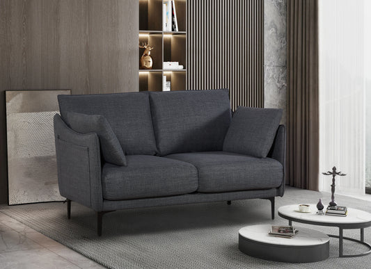 Modern dark grey fabric loveseat with square arms and black metal legs
