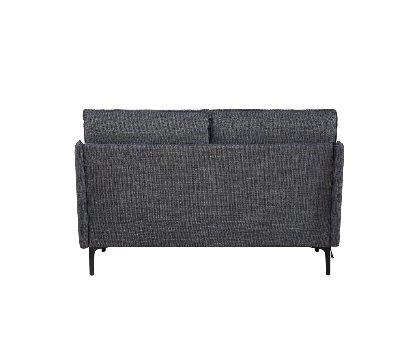 Back view of a dark gray fabric sofa with black legs ideal for modern living rooms