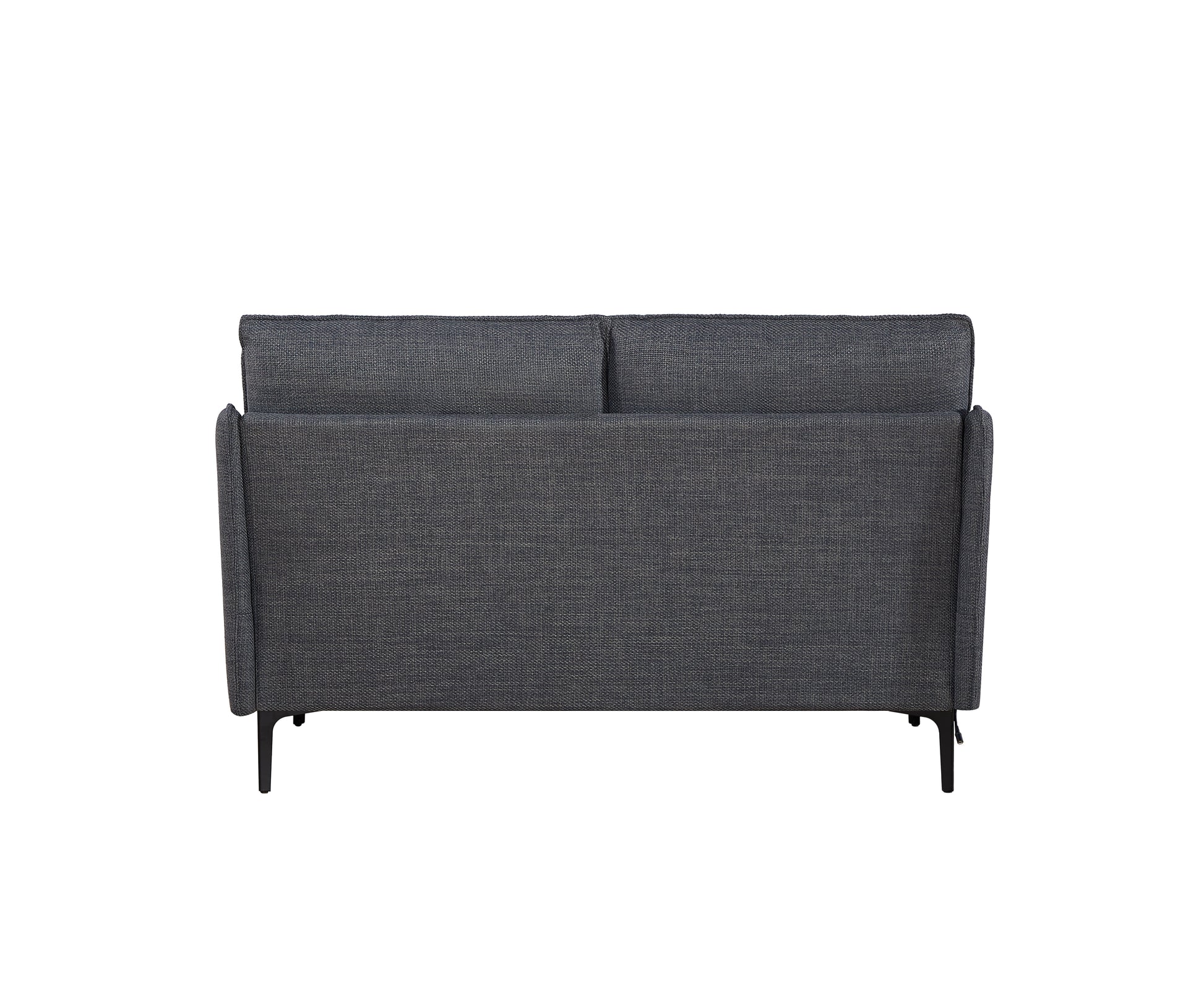 Back view of a dark gray fabric sofa with black legs ideal for modern living rooms