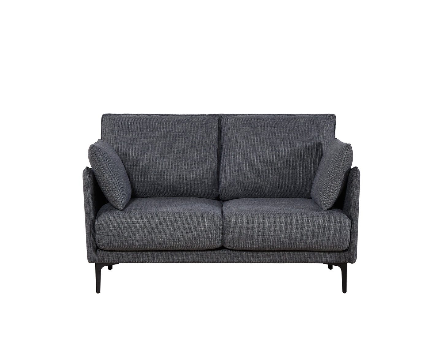 Modern charcoal gray fabric loveseat with sleek black legs perfect for small living spaces