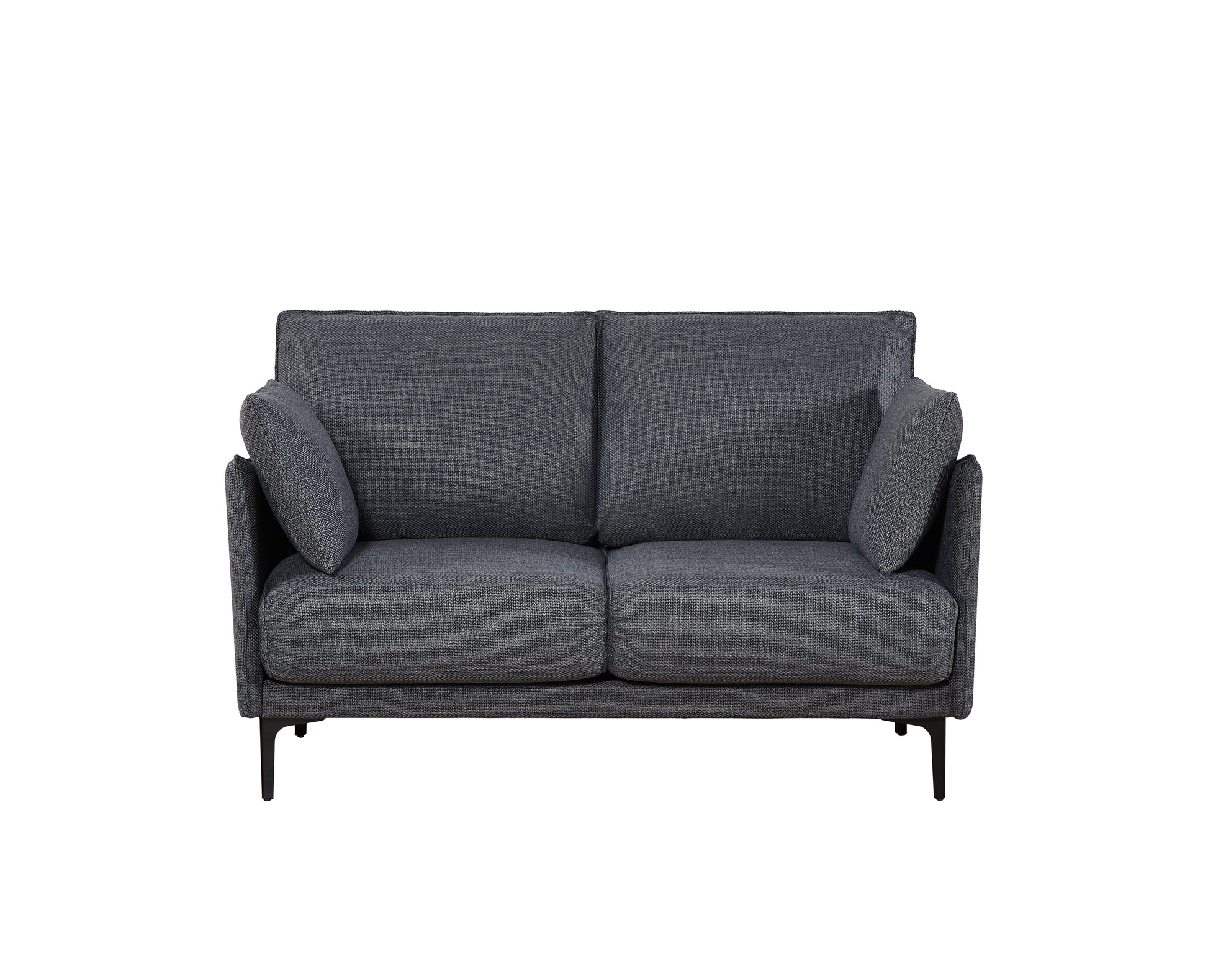 Modern charcoal gray fabric loveseat with sleek black legs perfect for small living spaces
