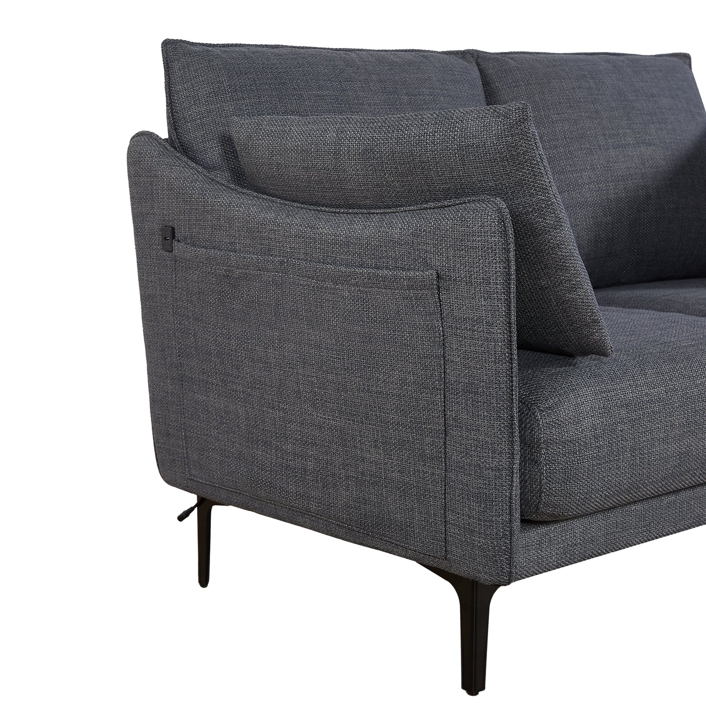 Dark grey fabric sofa armrest with discreet side pocket