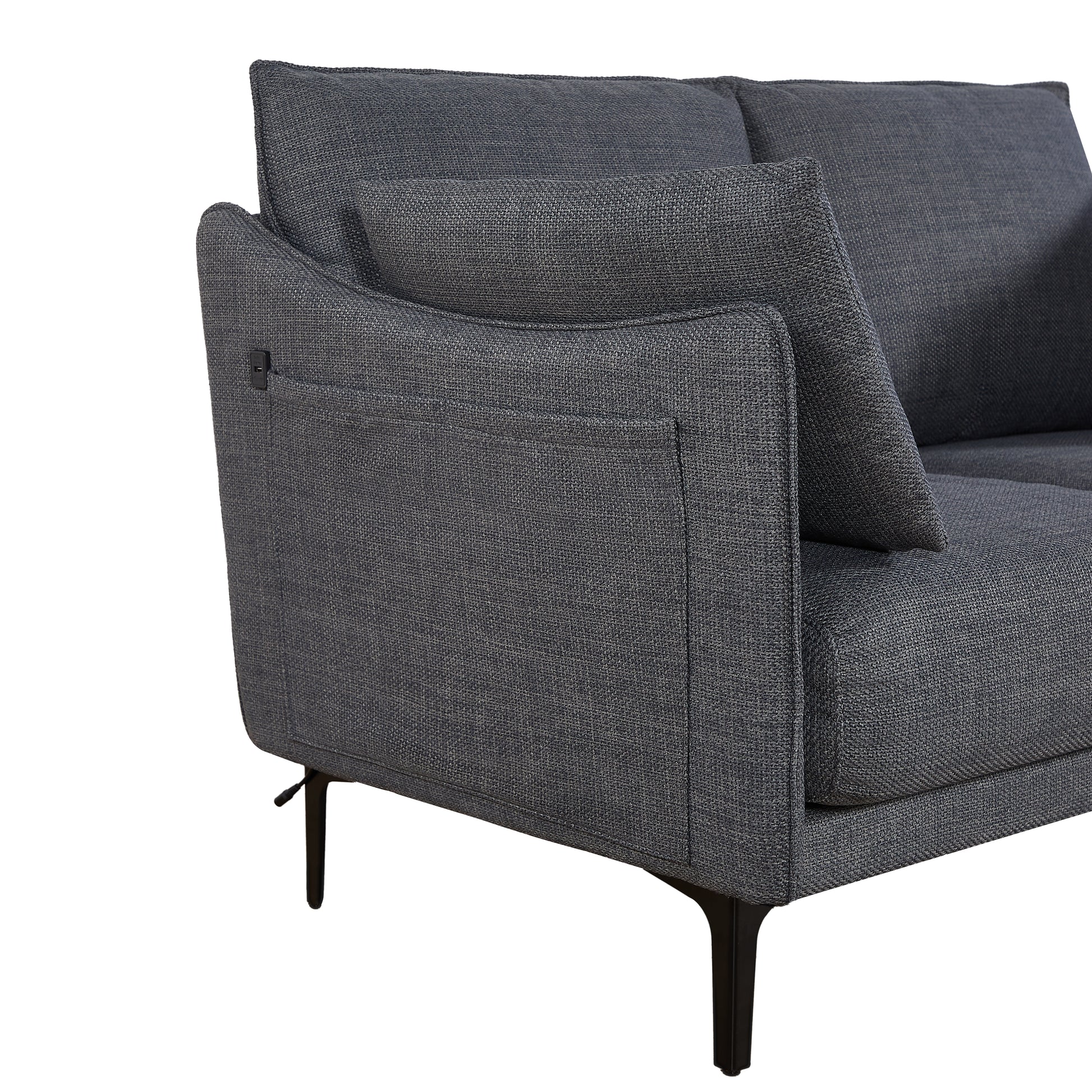 Dark grey fabric sofa armrest with discreet side pocket