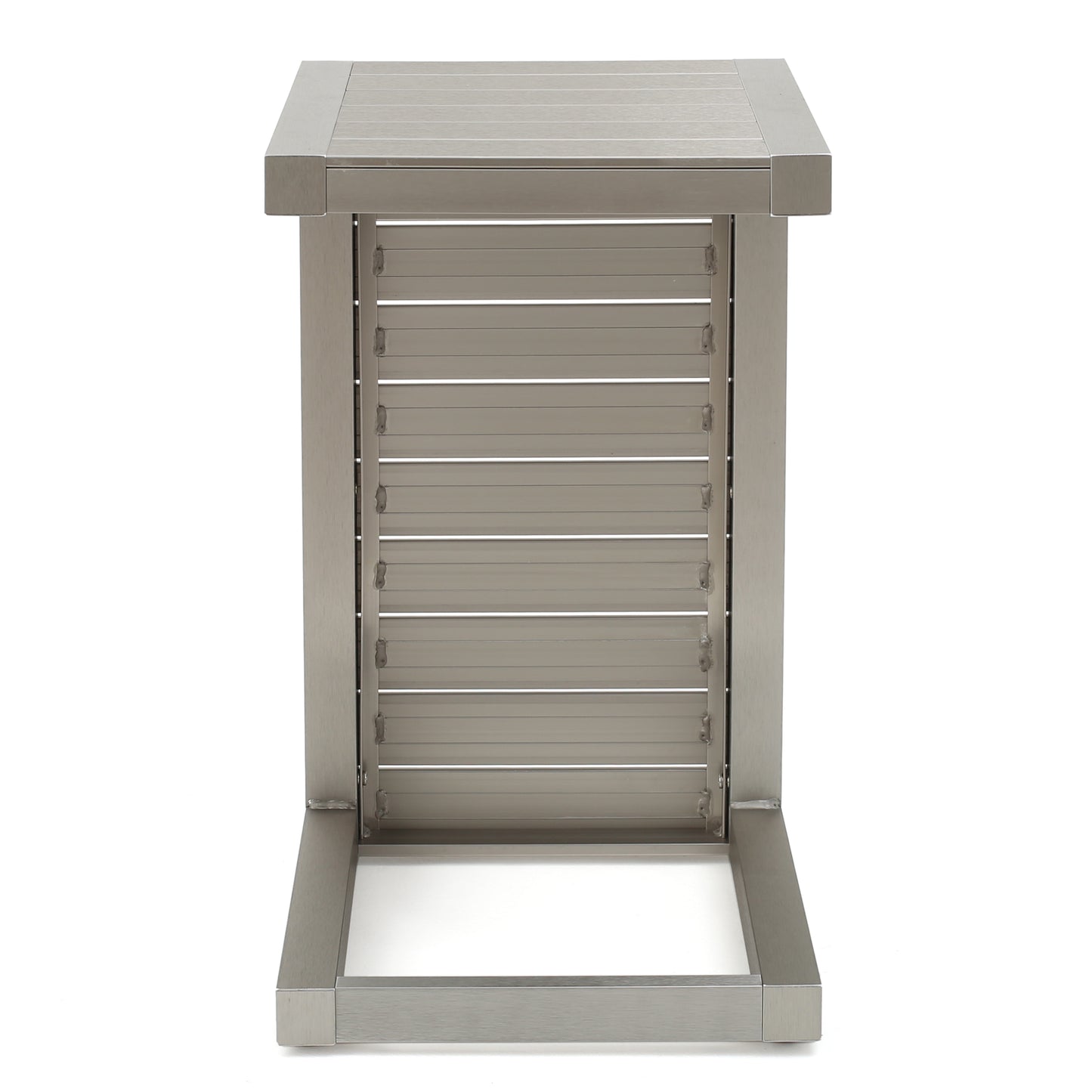 Modern brushed metal side table with slatted panel design