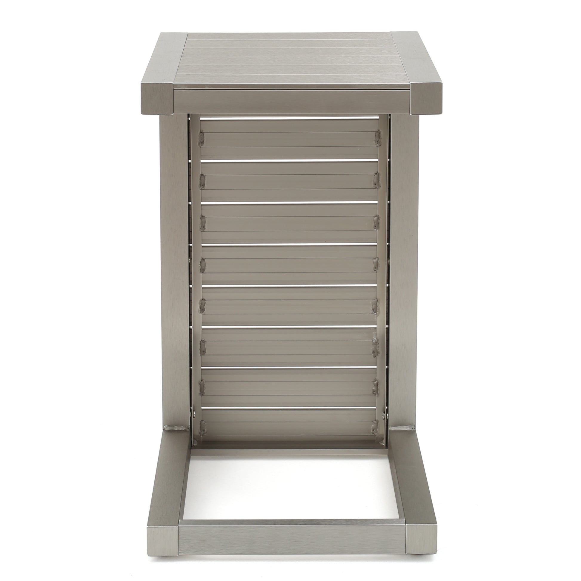 Modern brushed metal side table with slatted panel design