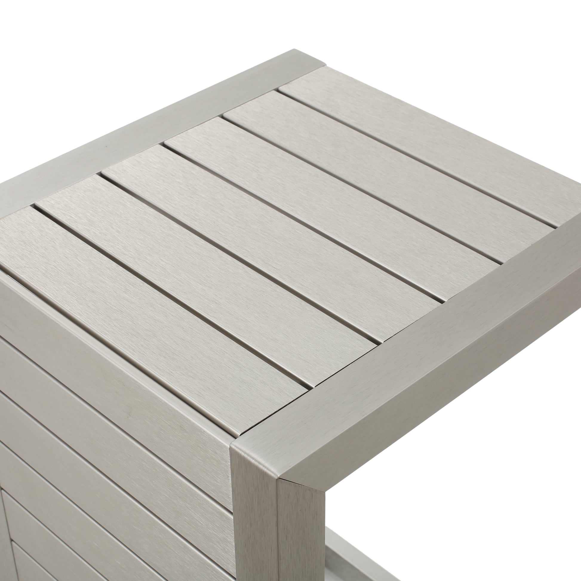 Modern gray outdoor coffee table with slatted top and aluminum frame