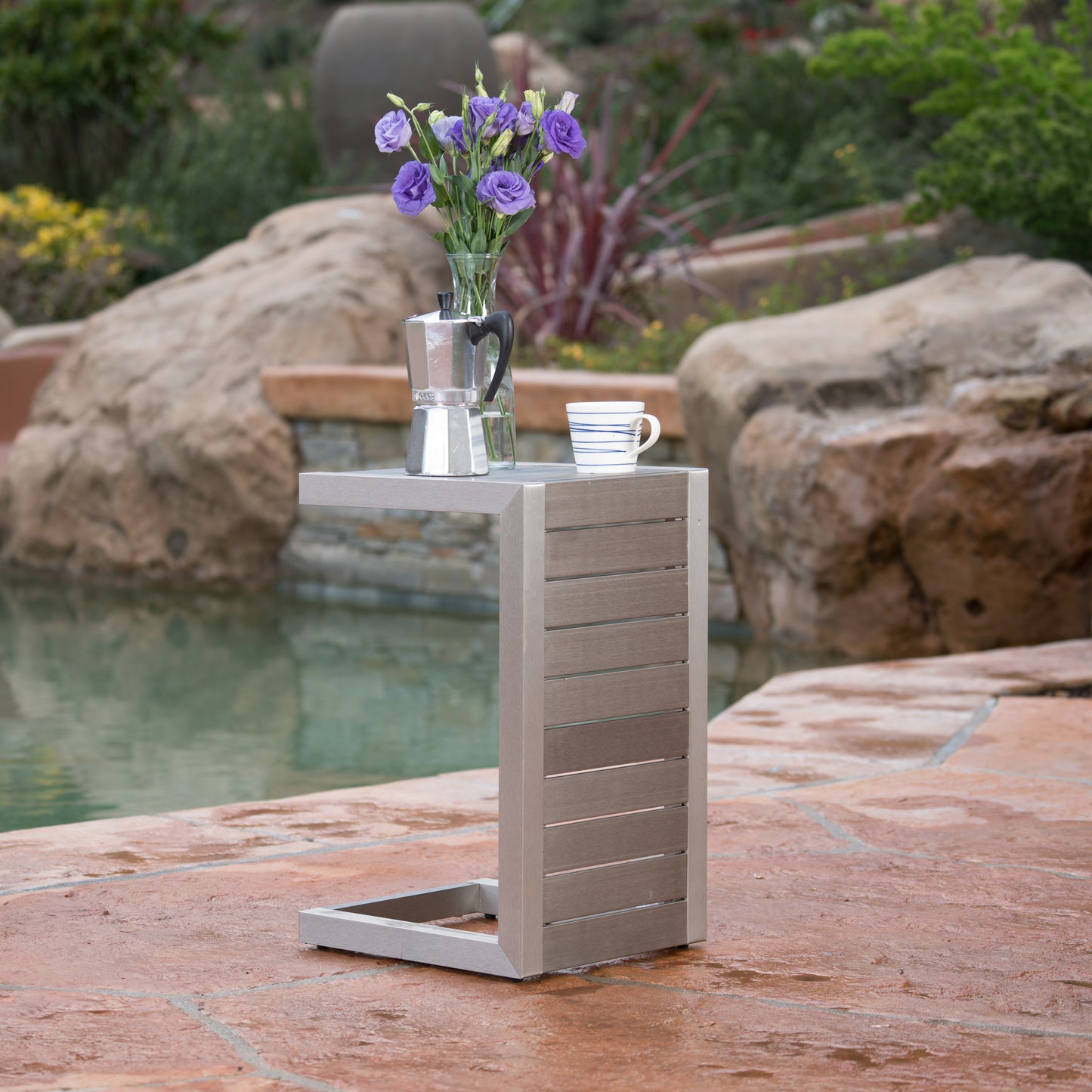 Modern Ctable with slatted design in silver