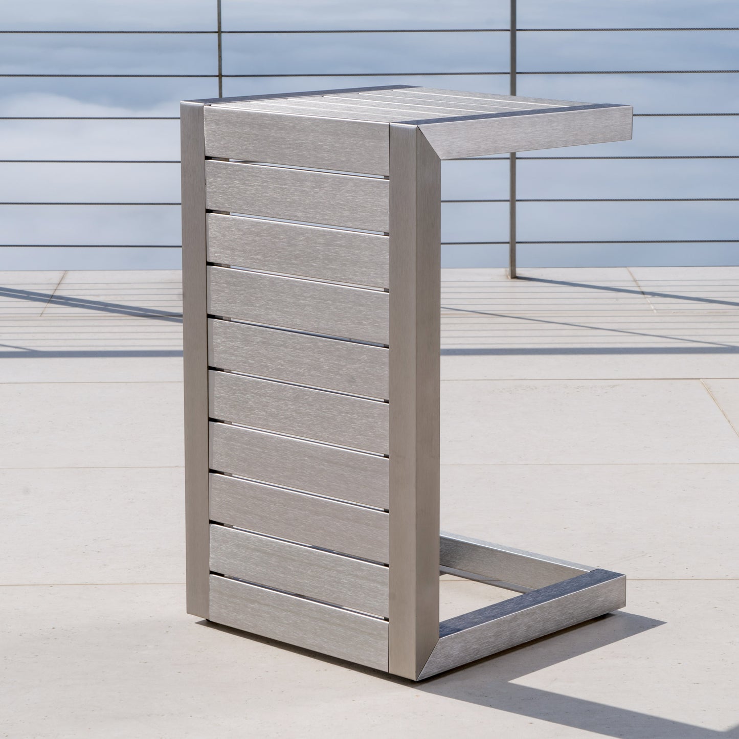 Modern silver aluminum outdoor Ctable with slatted design