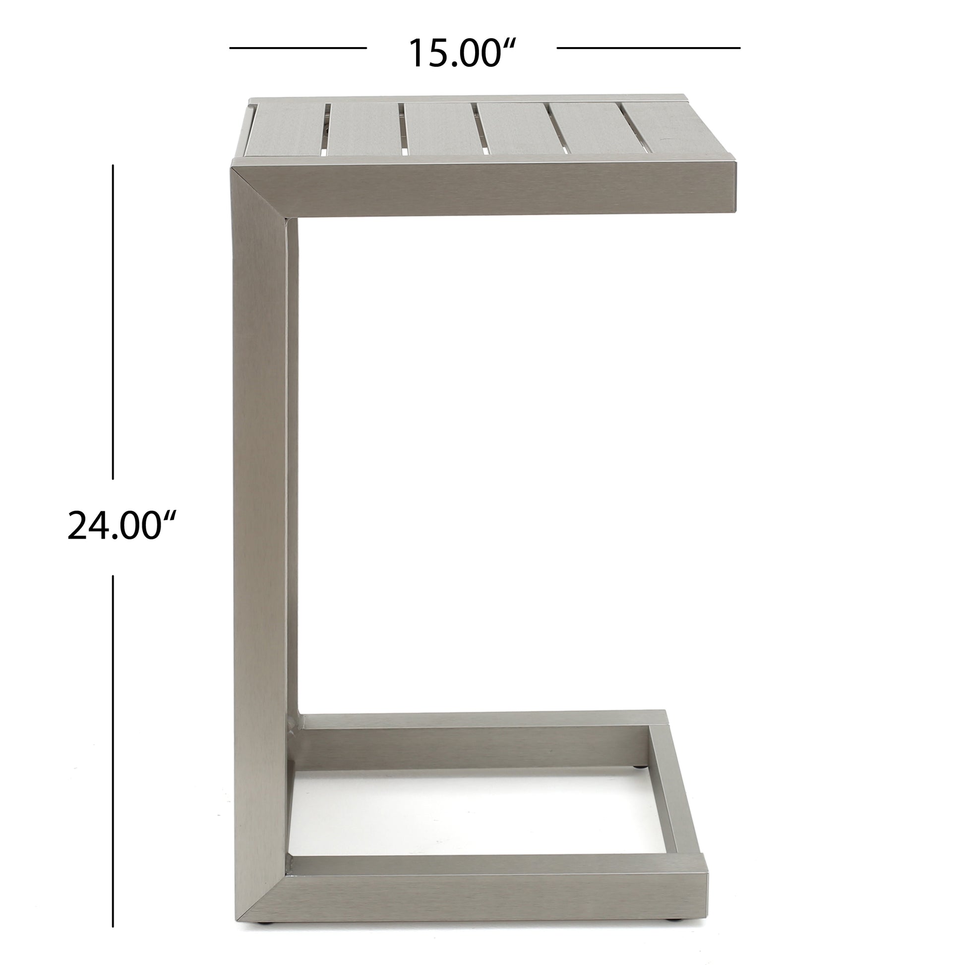 Modern Cshaped side table with slatted top in brushed nickel finish