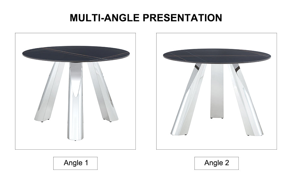 Round dark grey dining table with metallic legs