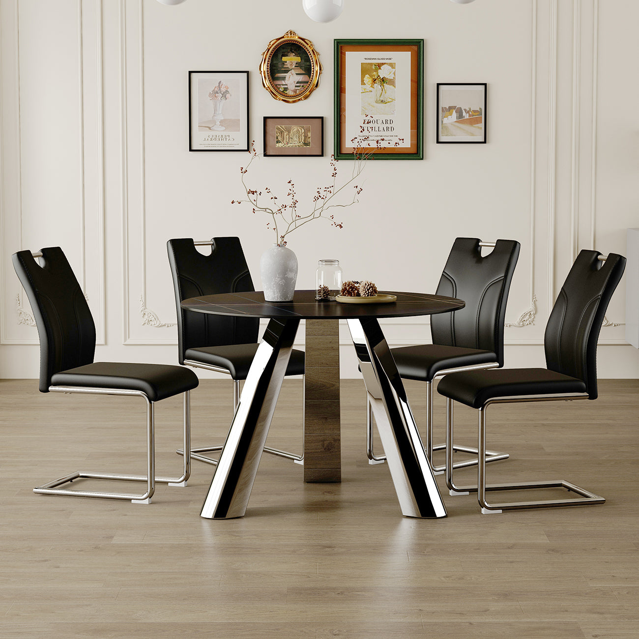 Black leather dining chairs with chrome legs surrounding a round black table