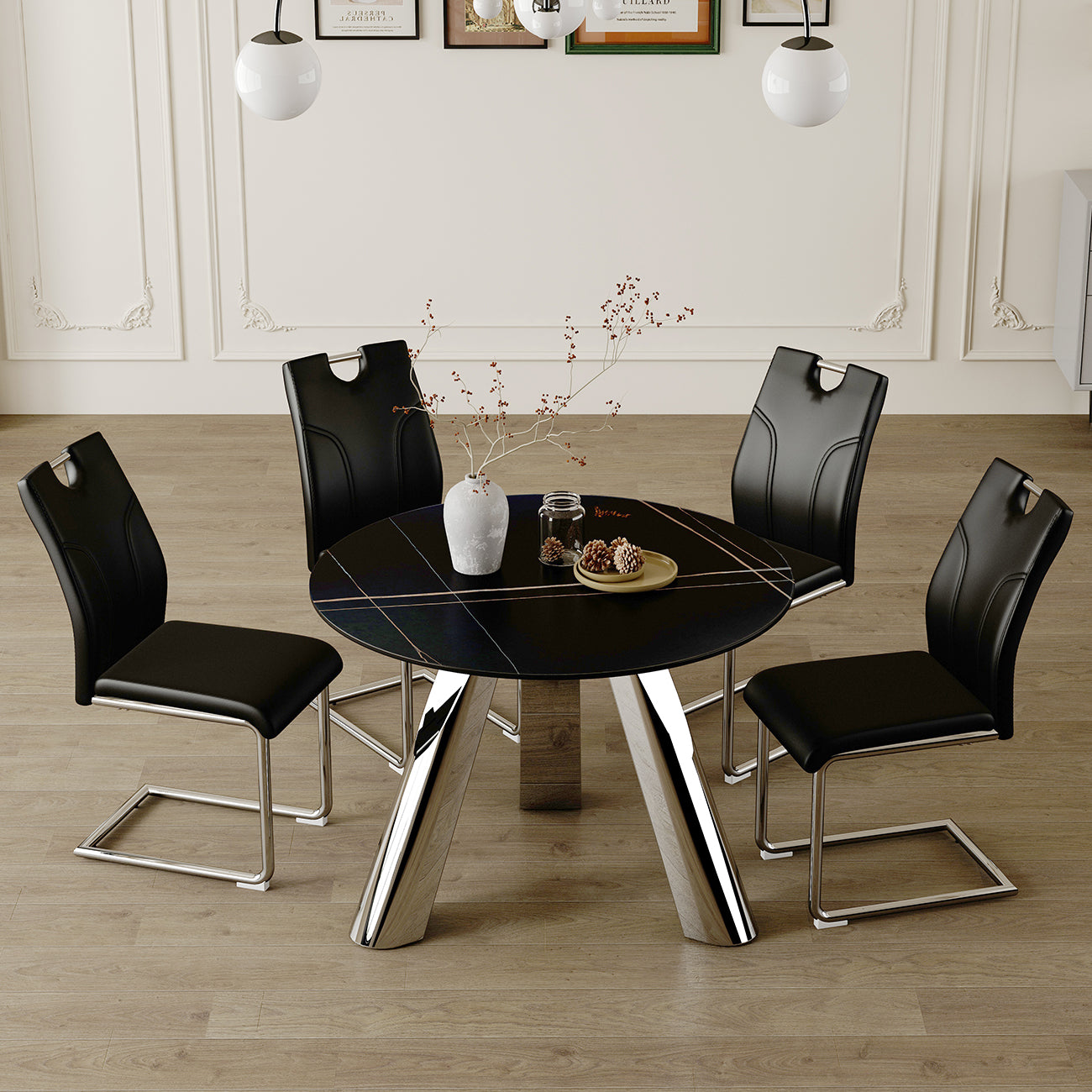 Black faux leather dining chairs with chrome sled base