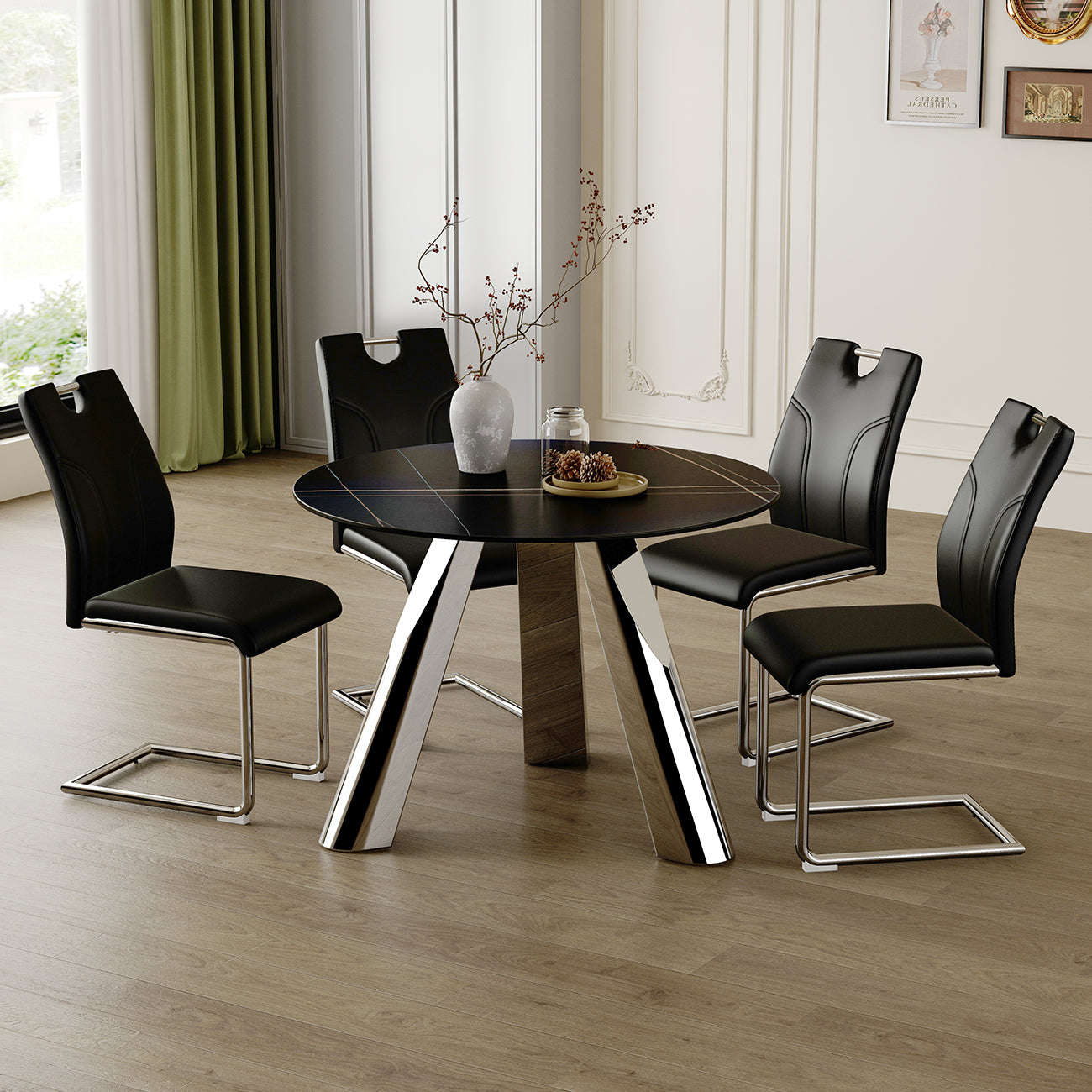 Black faux leather dining chairs with chrome cantilever bases
