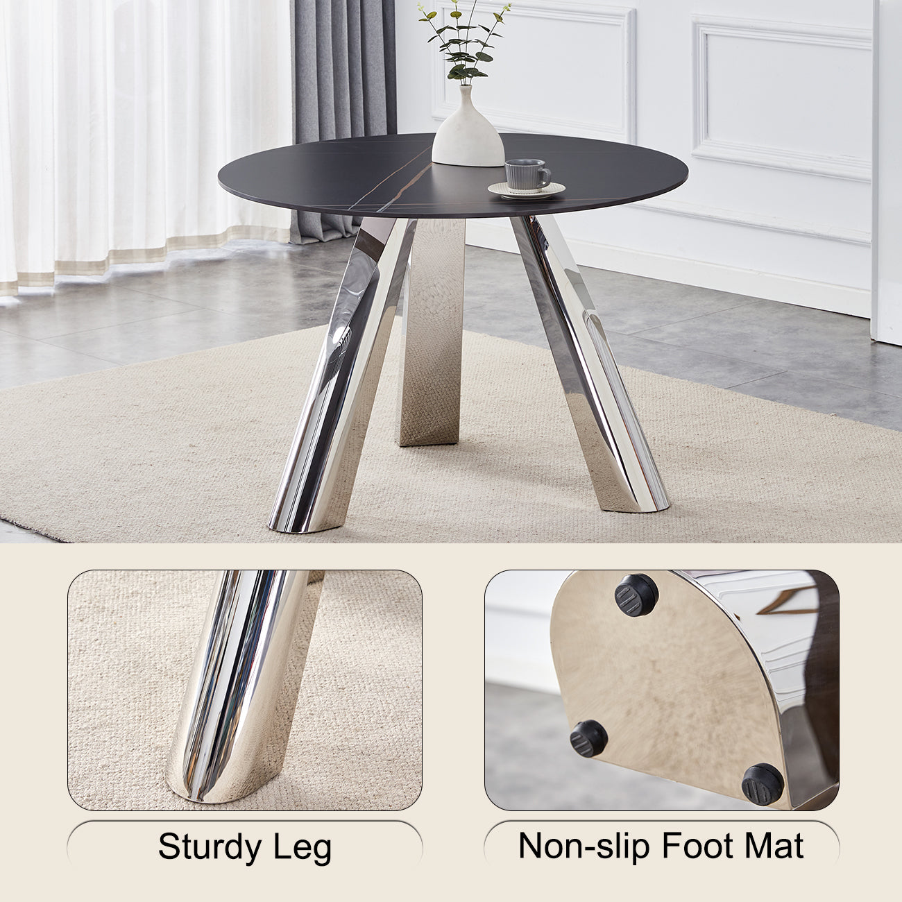 Round black marble top dining table with polished chrome legs