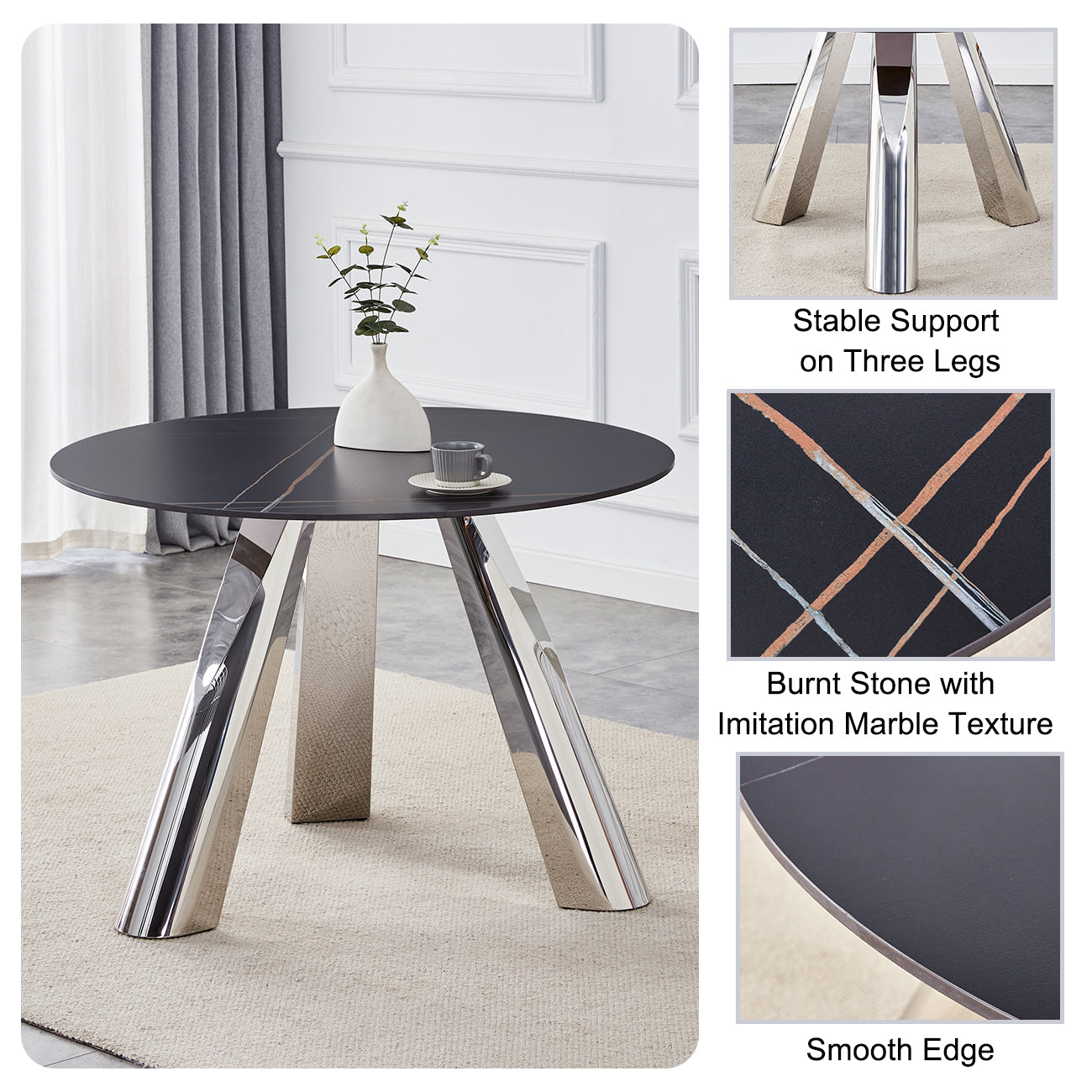 Round dining table with burnt stone top and chrome legs