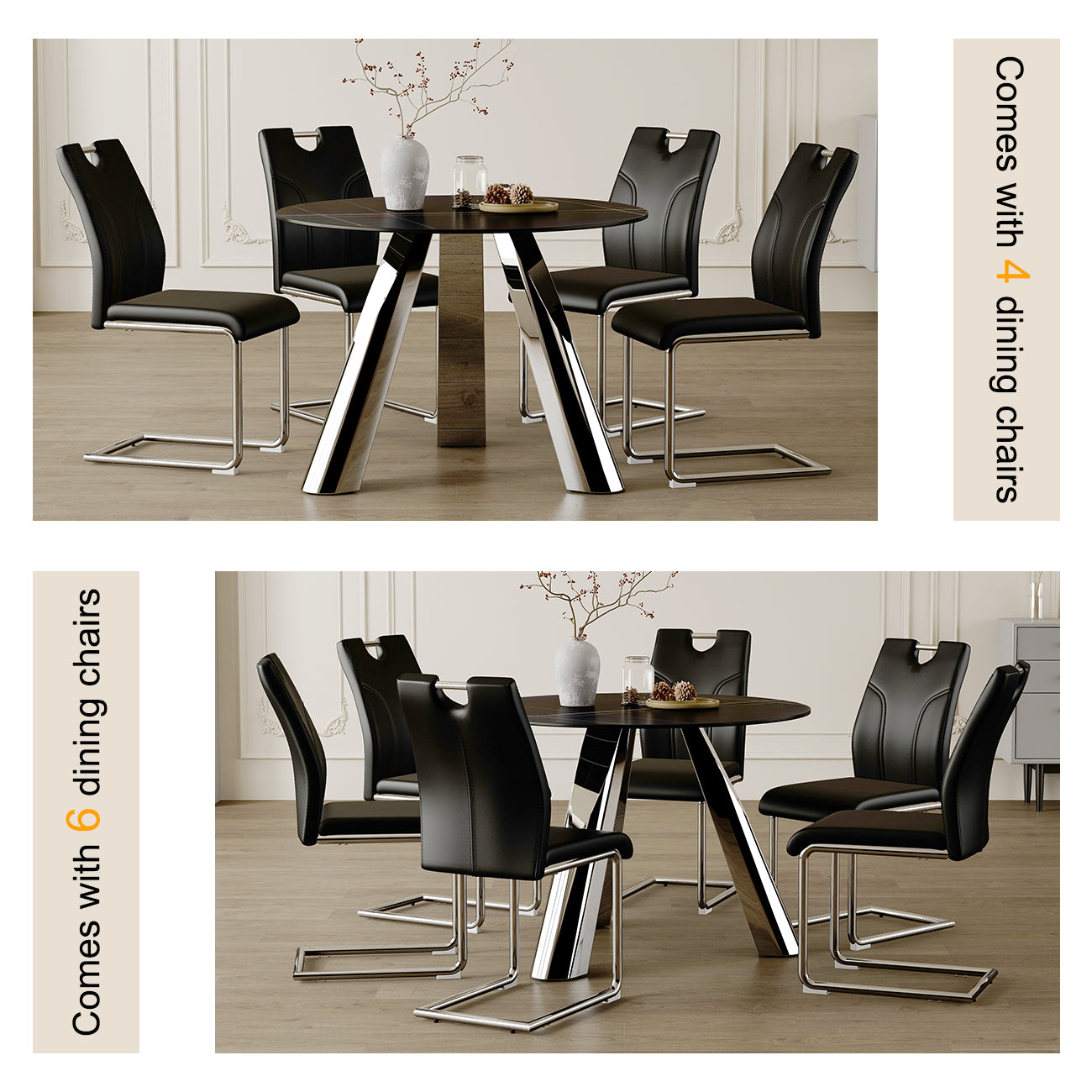 Black faux leather dining chairs with chrome sled base shown around a round table