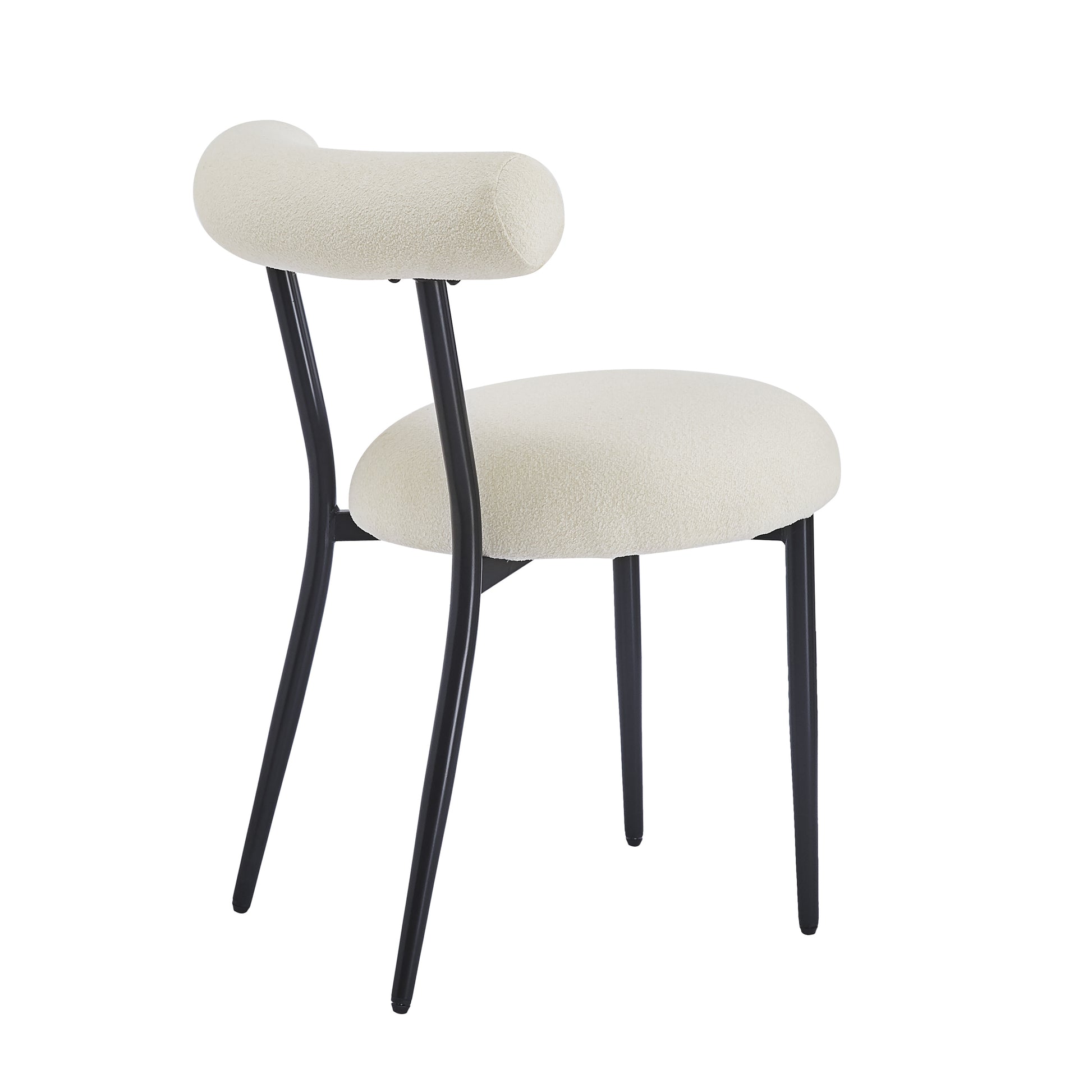 Cream boucle dining chair with curved back and black metal legs