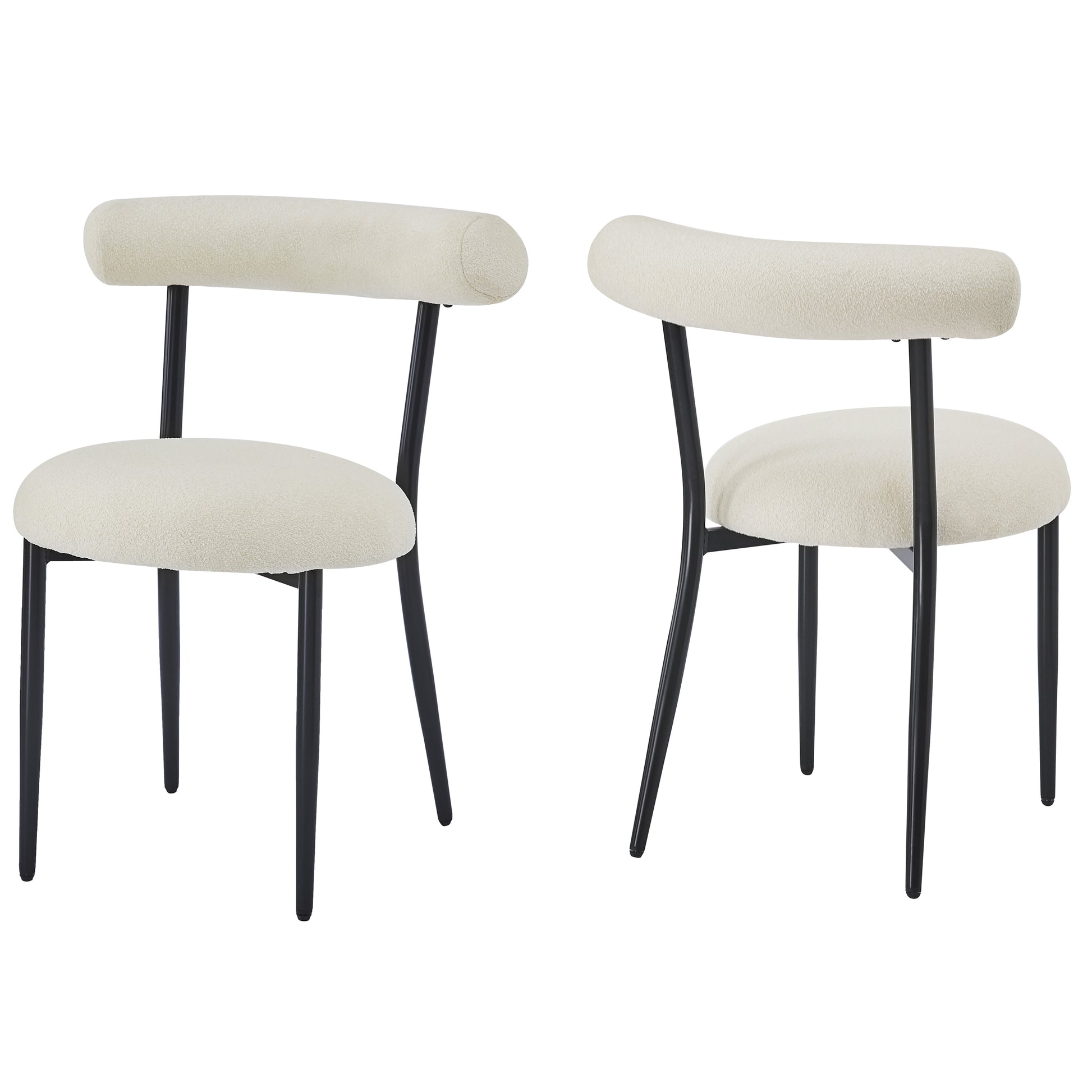 Boucle fabric dining chair with a curved back and black metal legs