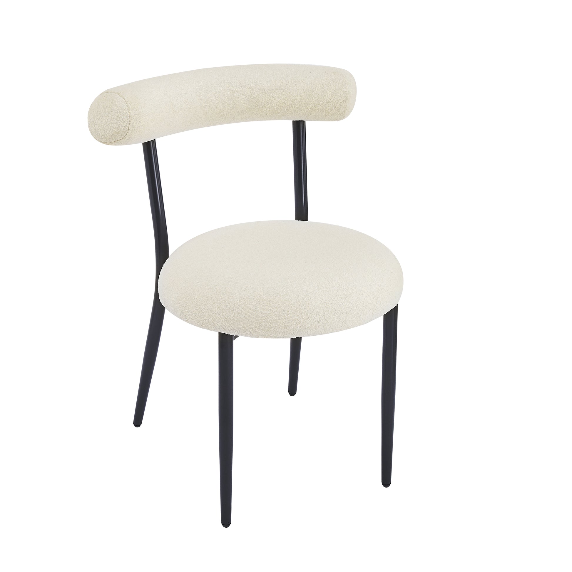 Cream boucle fabric chair with curved back and black metal legs