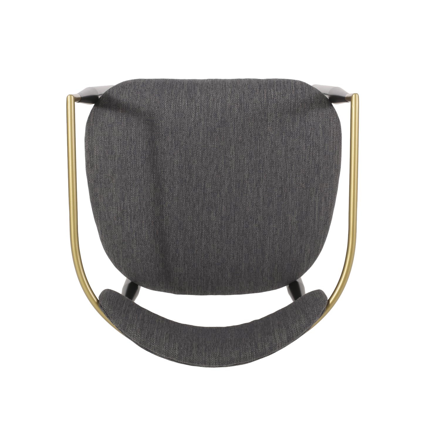 Top view of a dark grey upholstered dining chair with gold metal legs