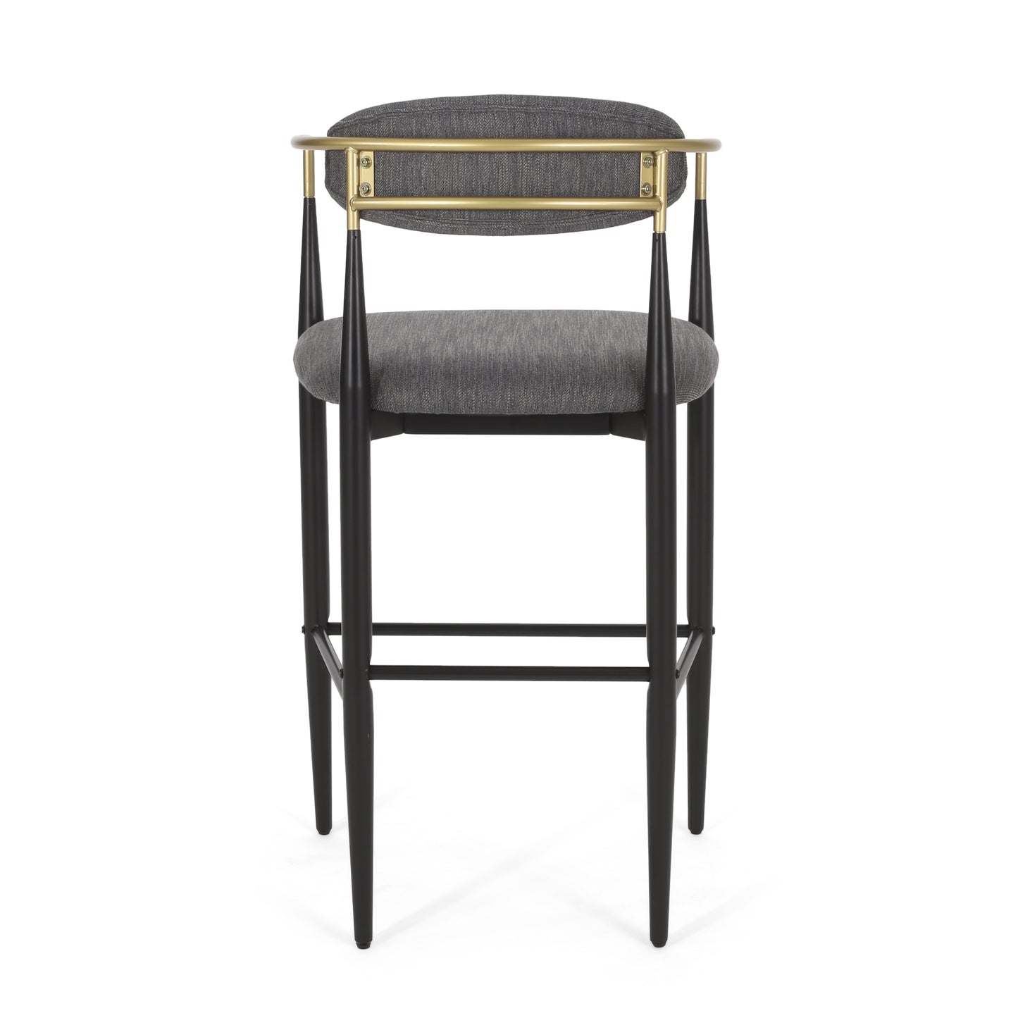Modern grey fabric bar stool with black tapered legs and brass accents
