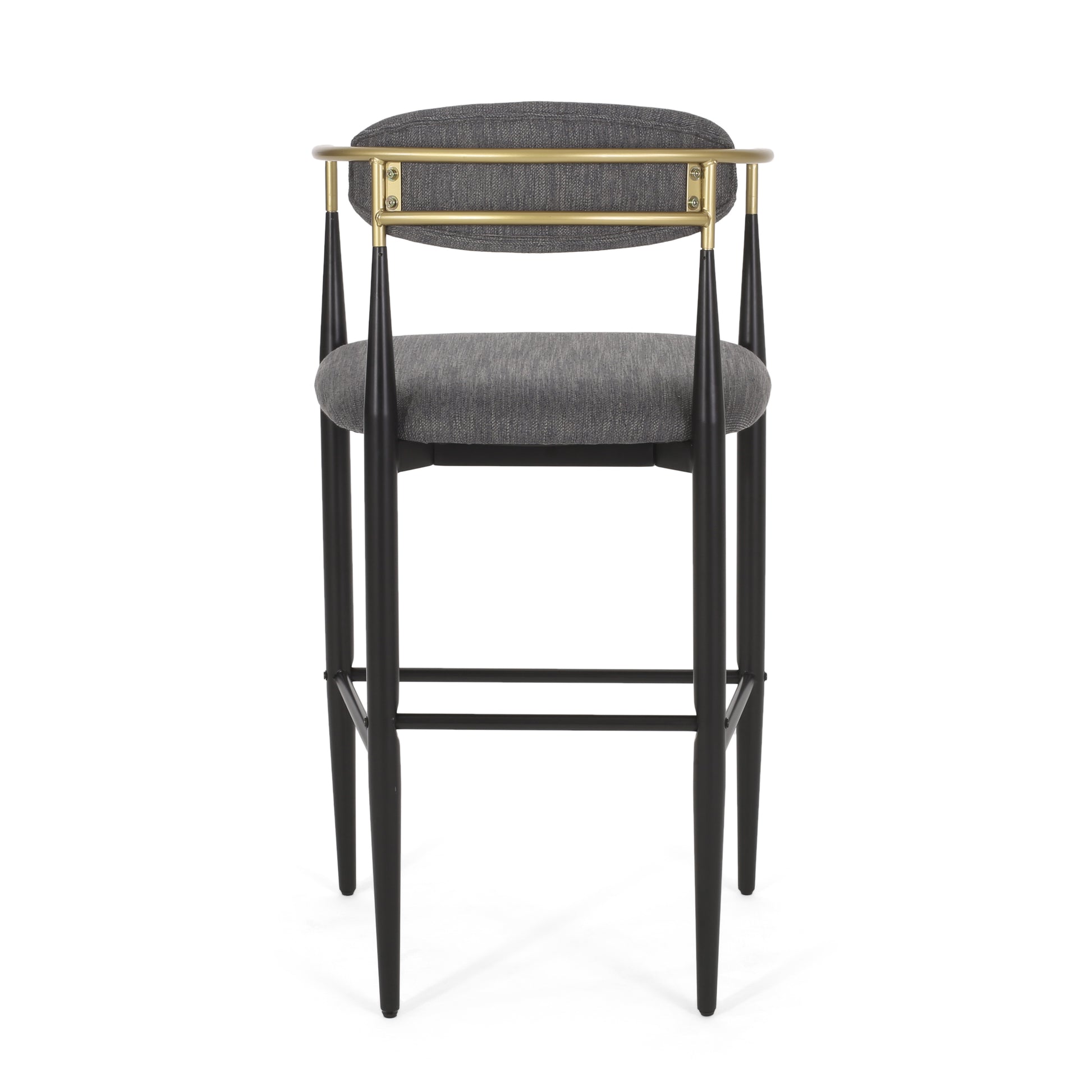 Modern grey fabric bar stool with black tapered legs and brass accents