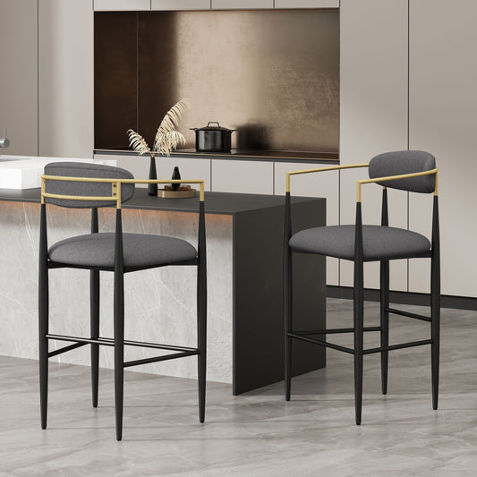 Stylish grey upholstered bar stool with gold accents and black legs