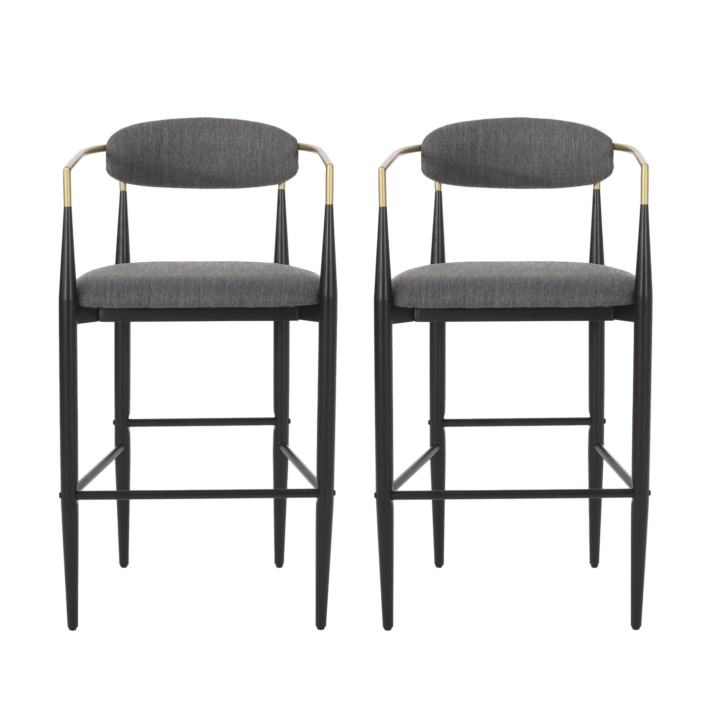 Two grey upholstered bar stools with black tapered legs and gold accents