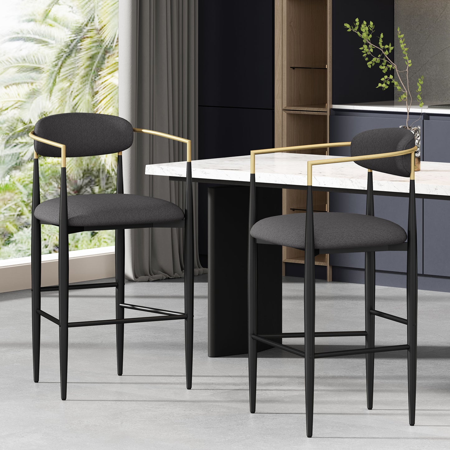 Black fabric bar stool with gold accents and tapered legs