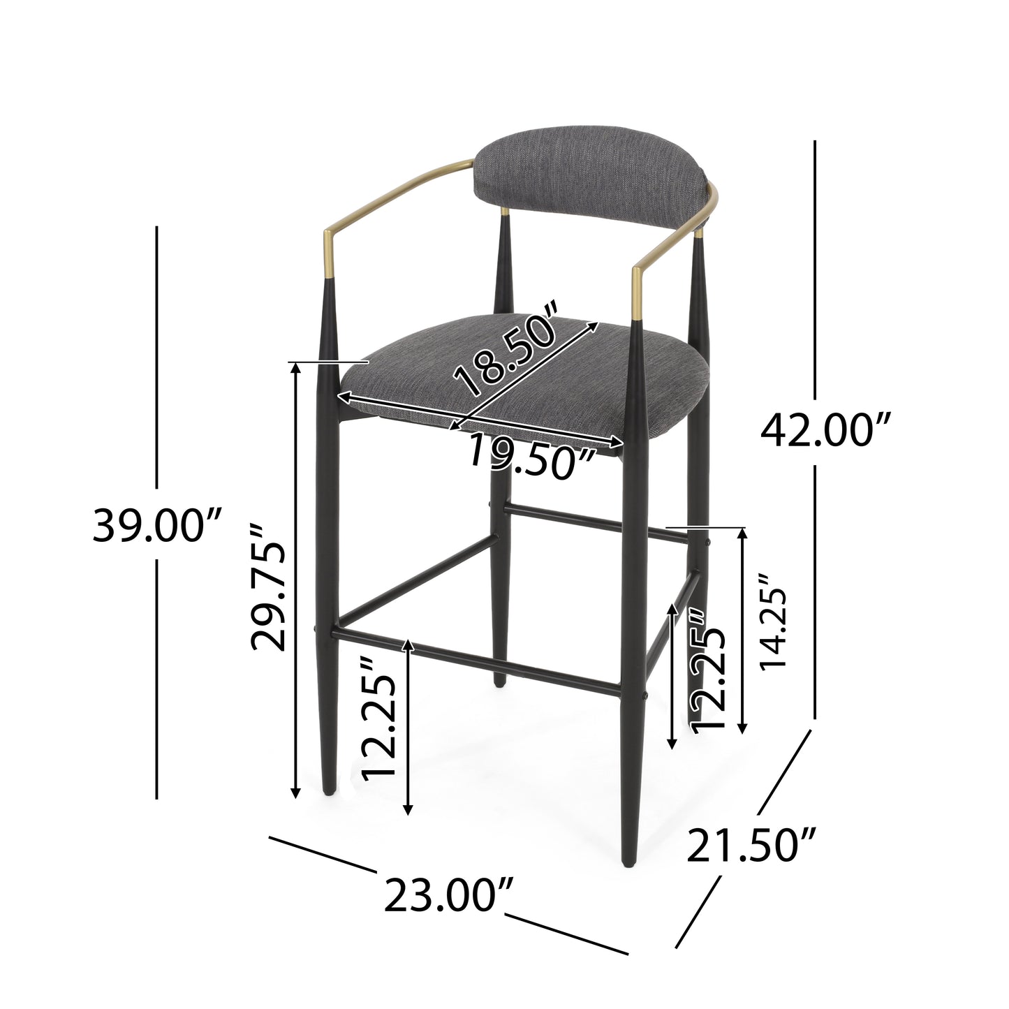 Gray upholstered bar stool with black legs and gold accents