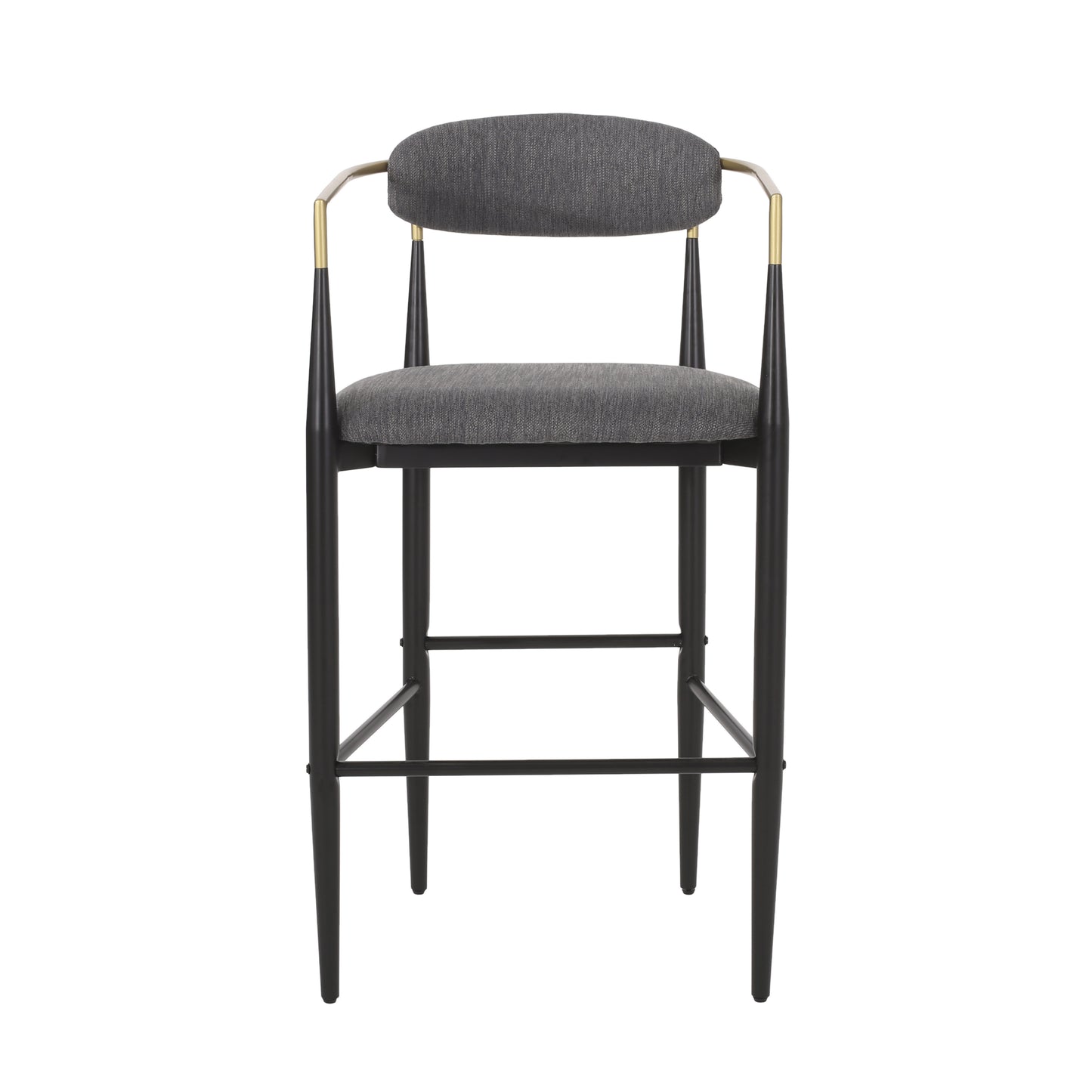 Grey upholstered bar stool with black legs and brass accents