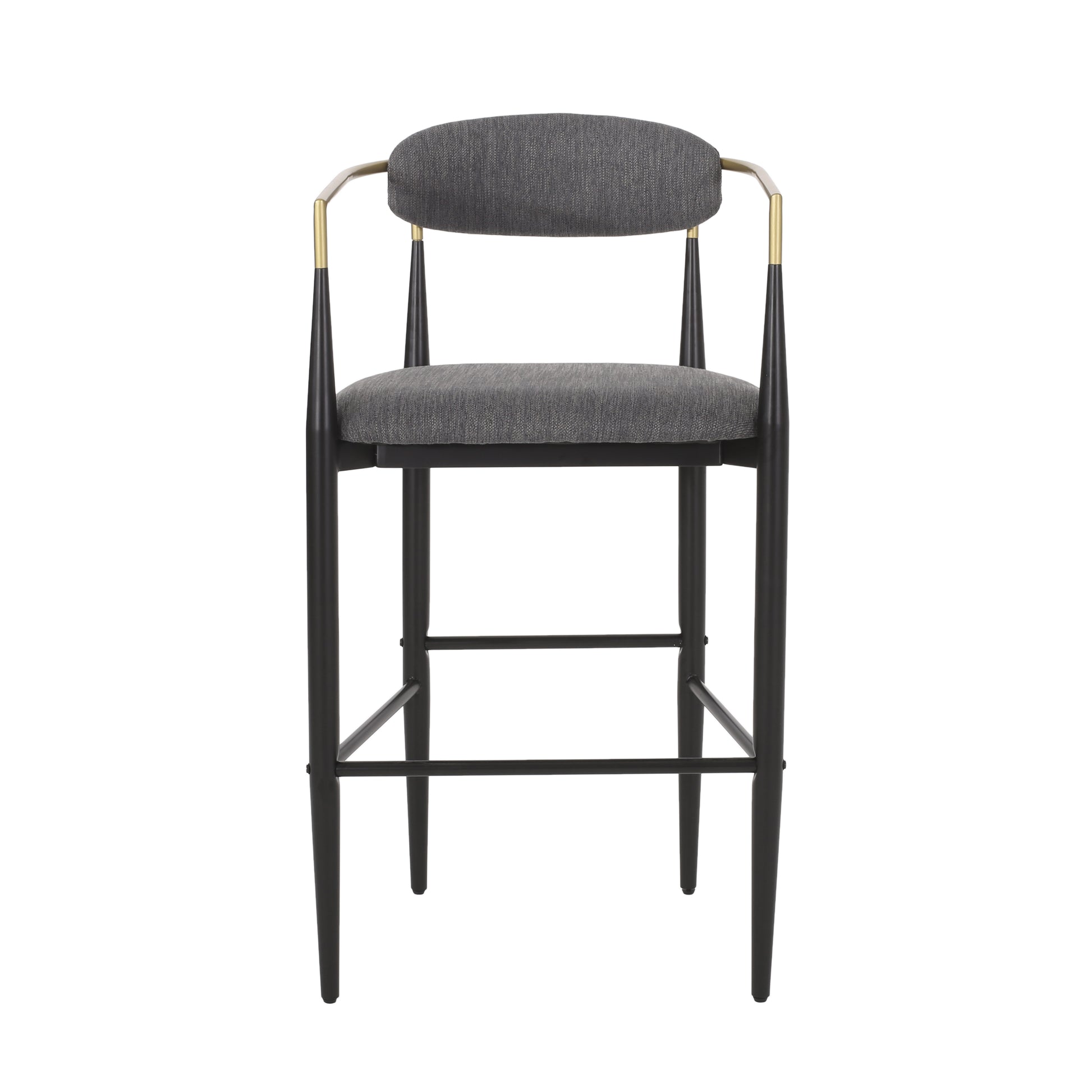 Grey upholstered bar stool with black legs and brass accents
