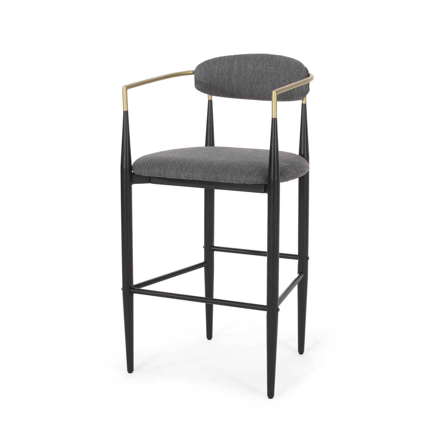 Gray upholstered bar stool with black legs and brass accents
