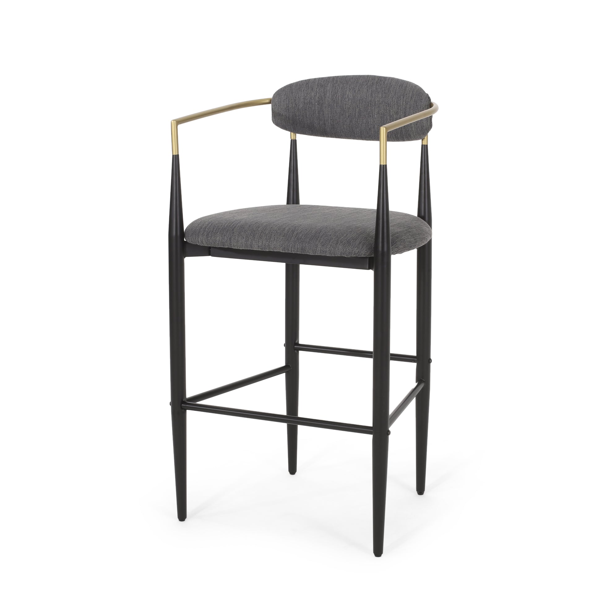 Gray upholstered bar stool with black legs and brass accents
