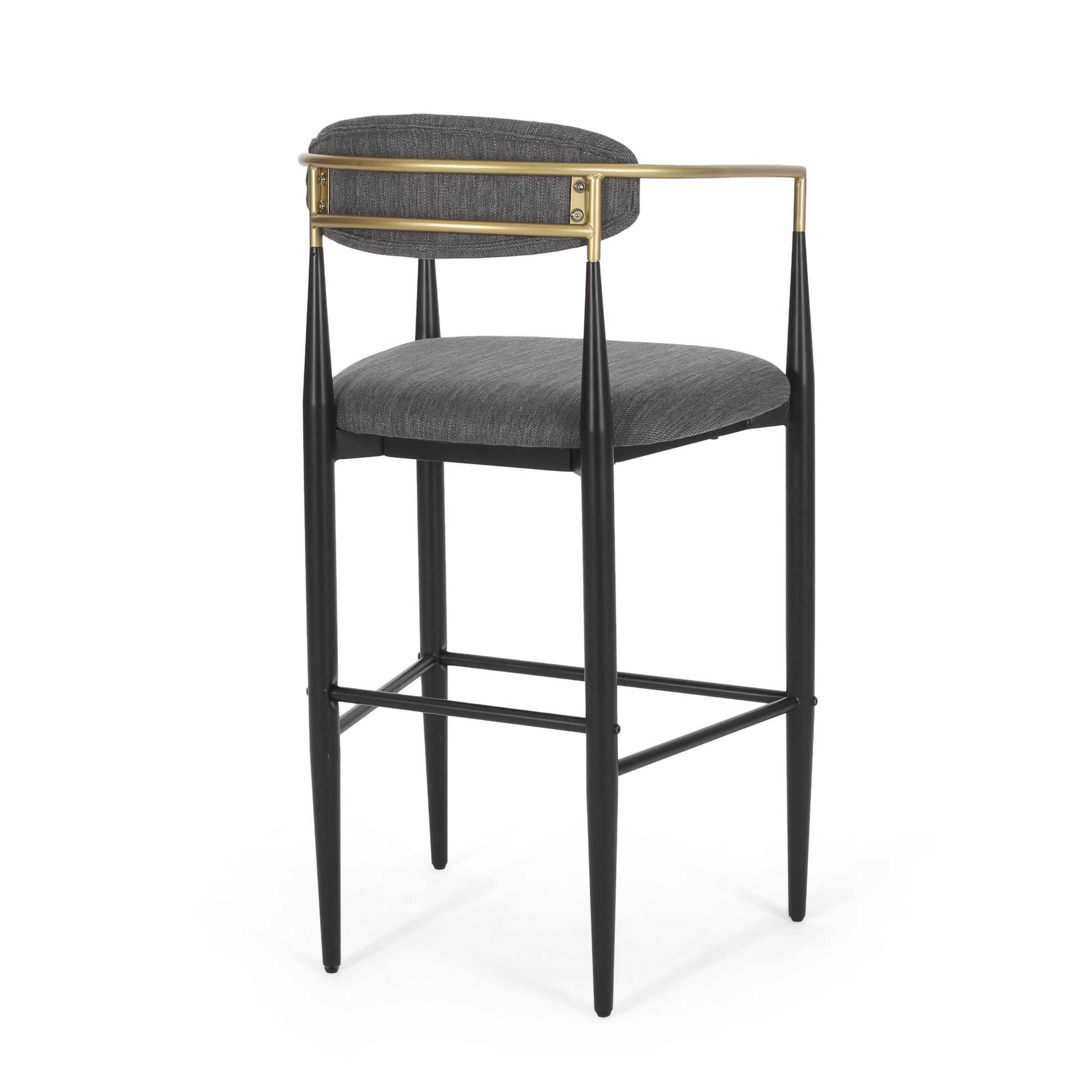 Gray upholstered bar stool with black tapered legs and gold accents