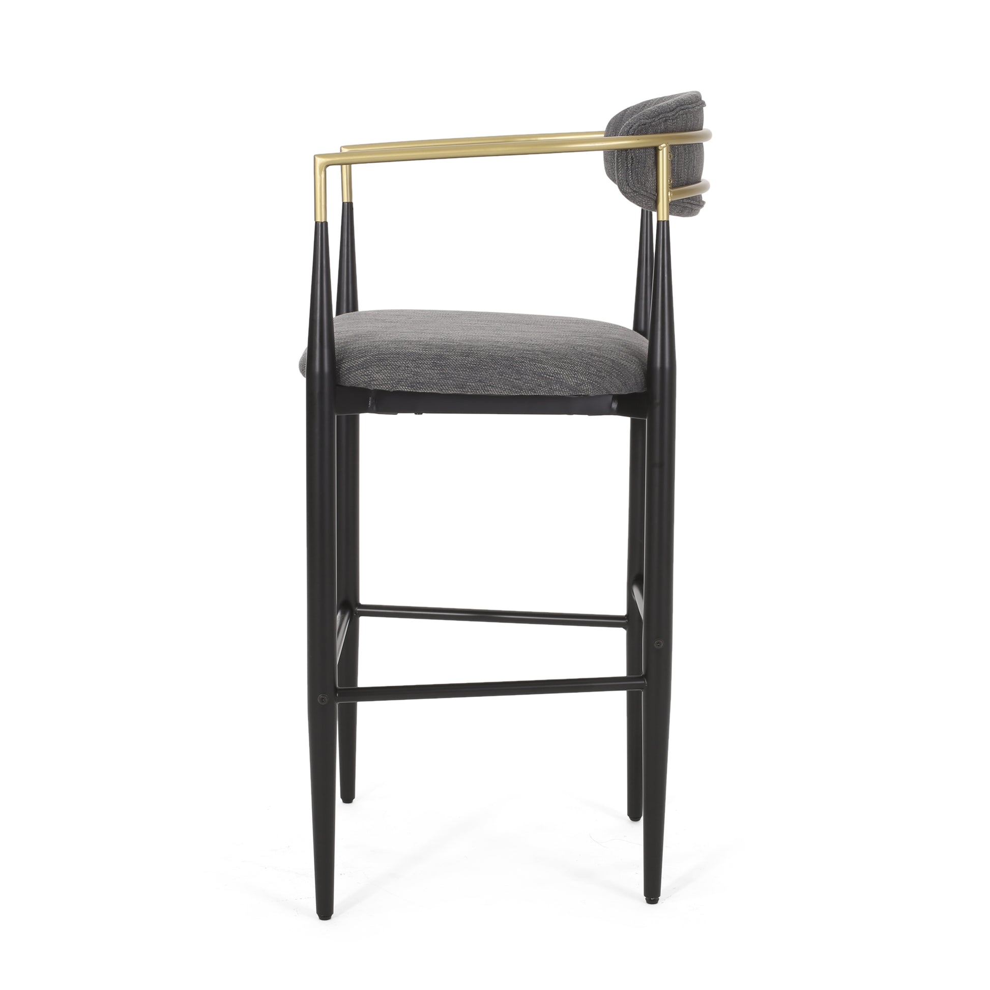 Modern grey upholstered bar stool with gold metal frame and black wooden legs