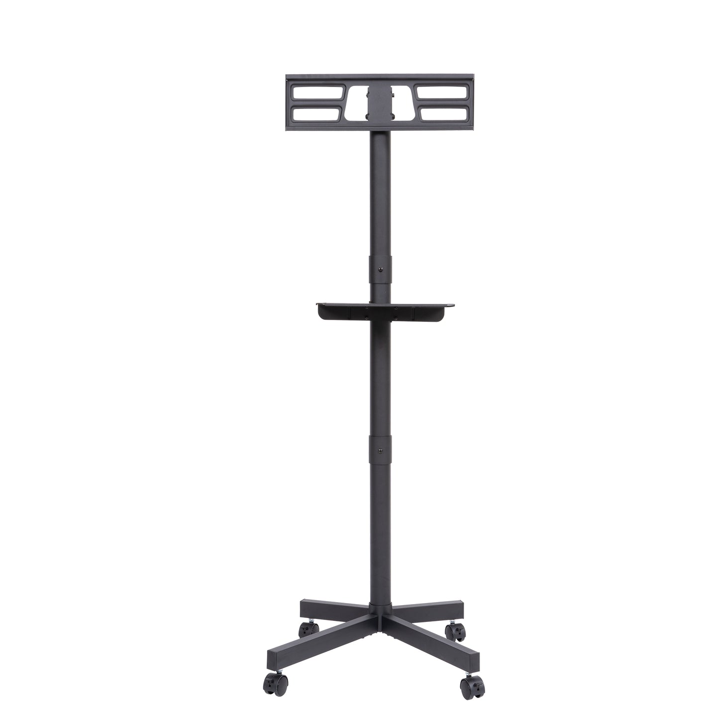 Black adjustable mobile tv stand with wheels and media shelf