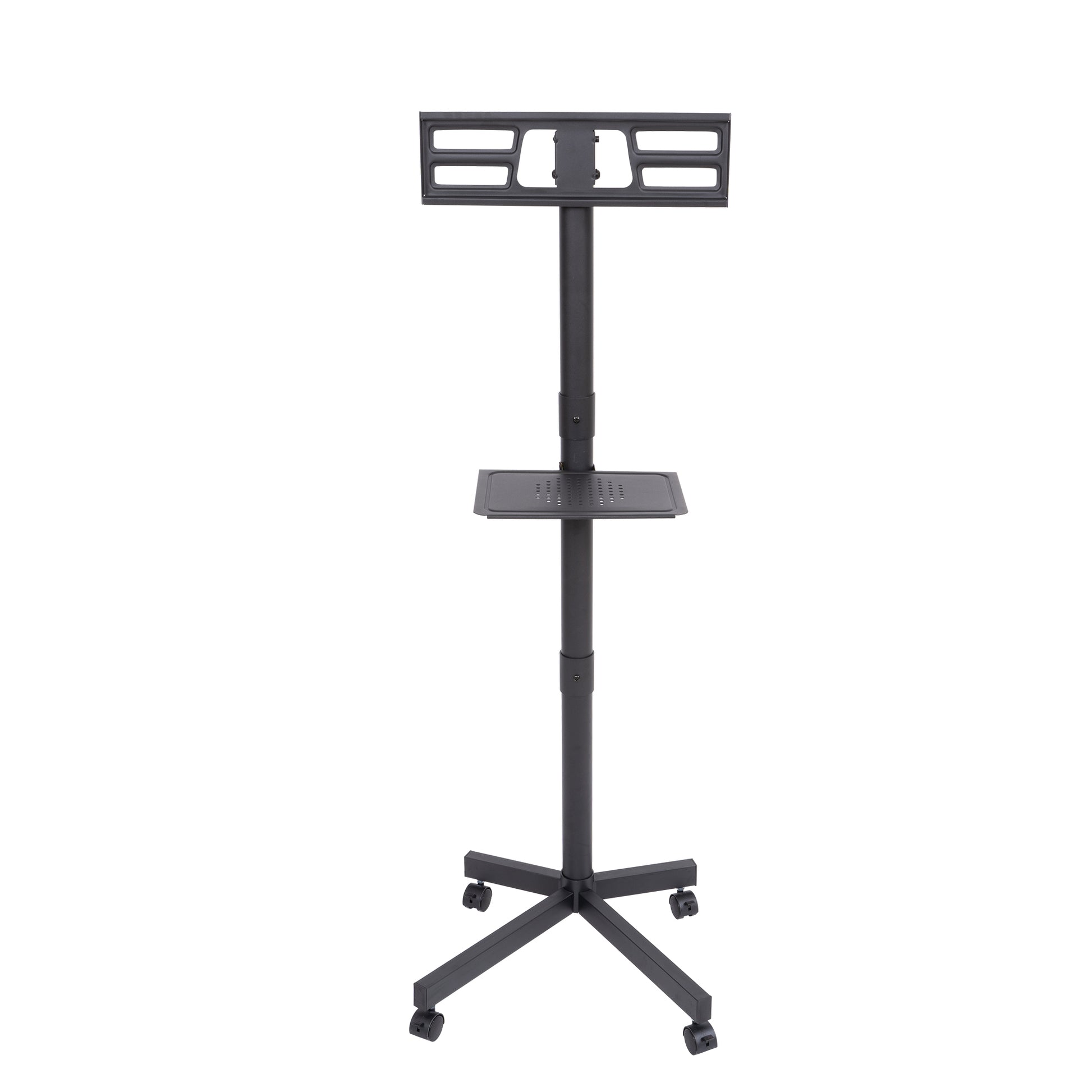 Black adjustable mobile TV stand with media shelf and caster wheels