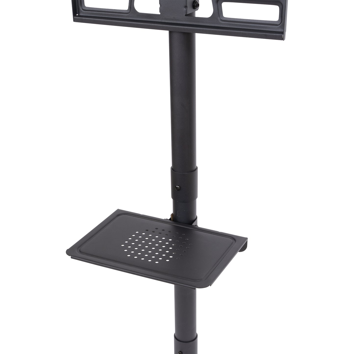 Black adjustable TV stand with perforated shelf for media consoles