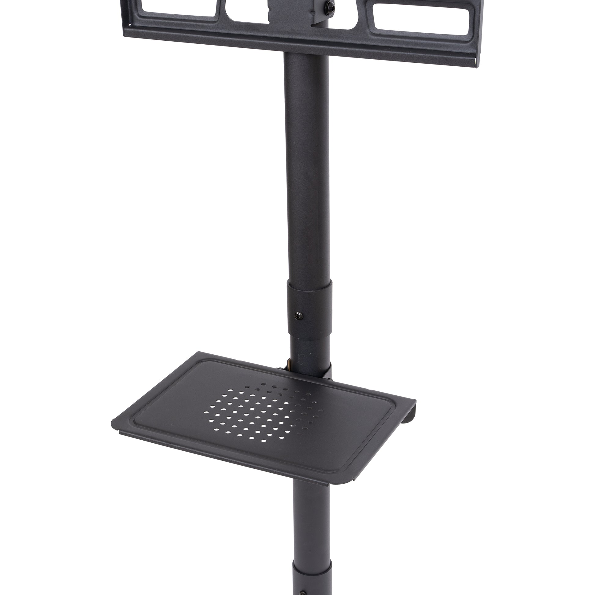 Black adjustable TV stand with perforated shelf for media consoles