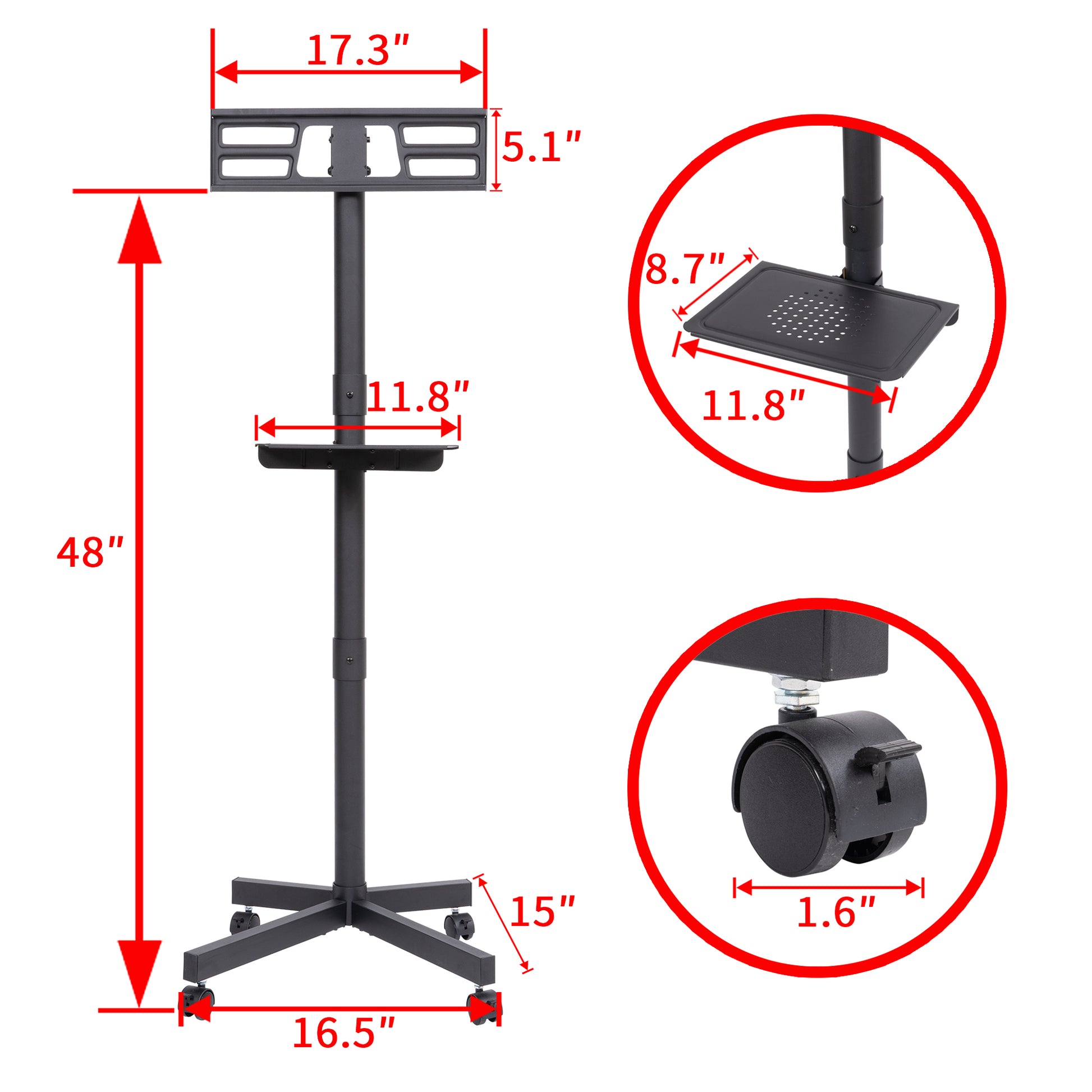 Black metal adjustable height mobile cart with AV shelf and screen mount