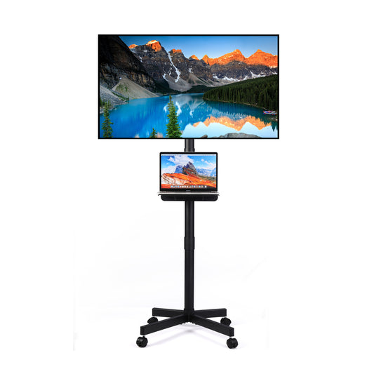 Black mobile TV stand with laptop tray and flat screen TV