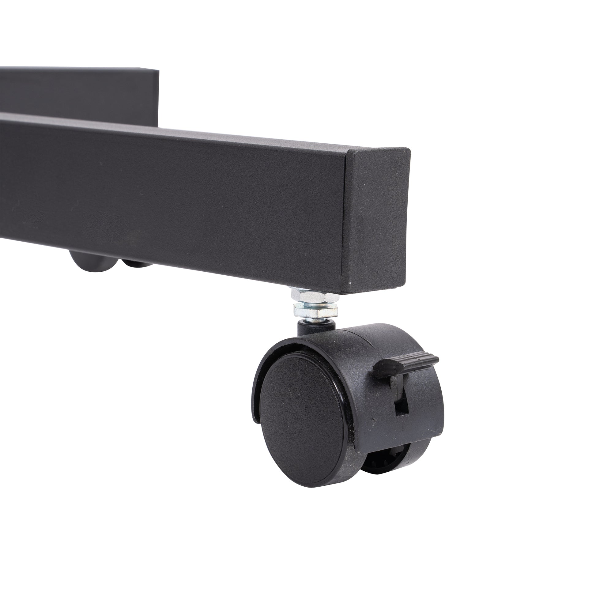 Black metal frame with a single swivel caster