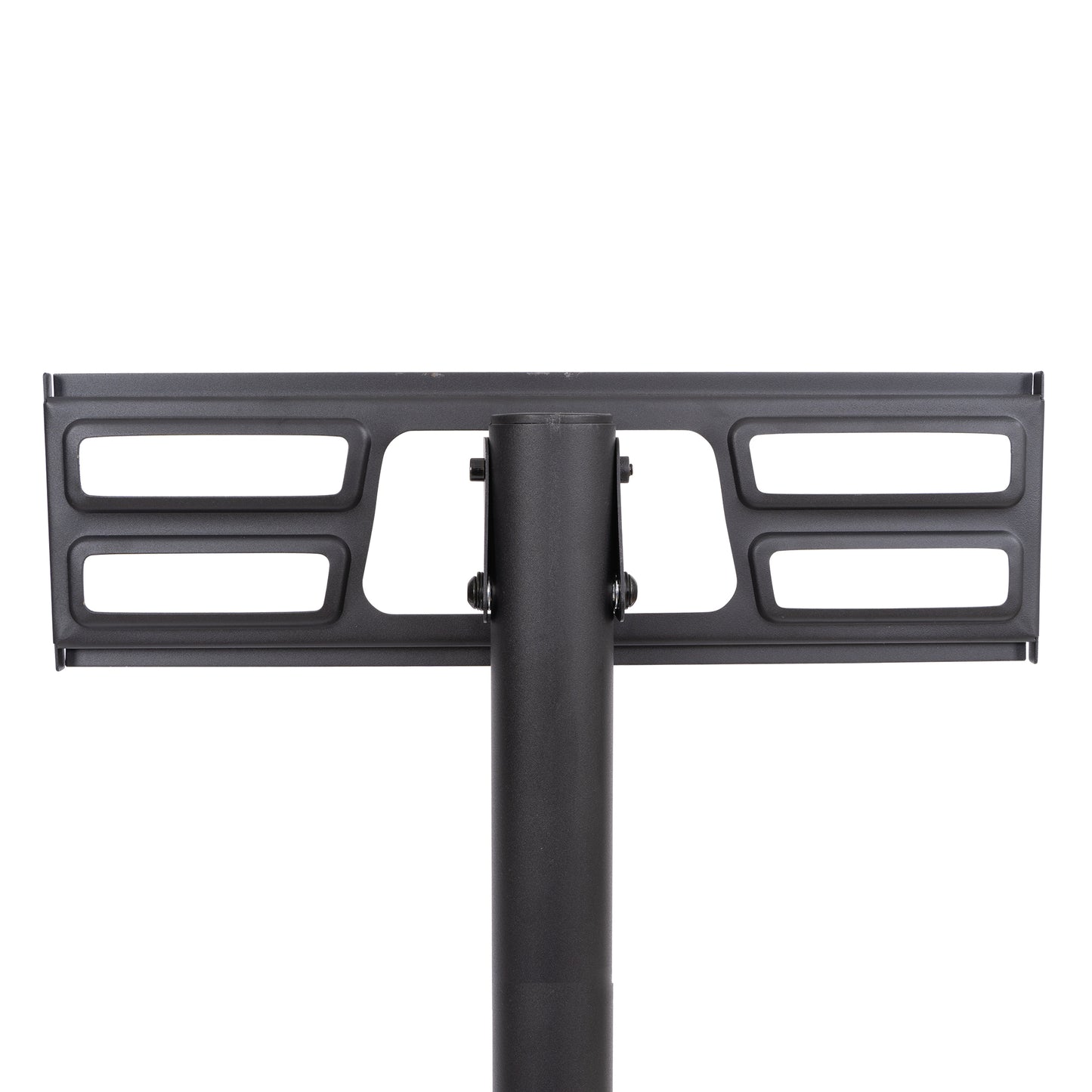 Black metal TV mount bracket with horizontal slots for screen attachment