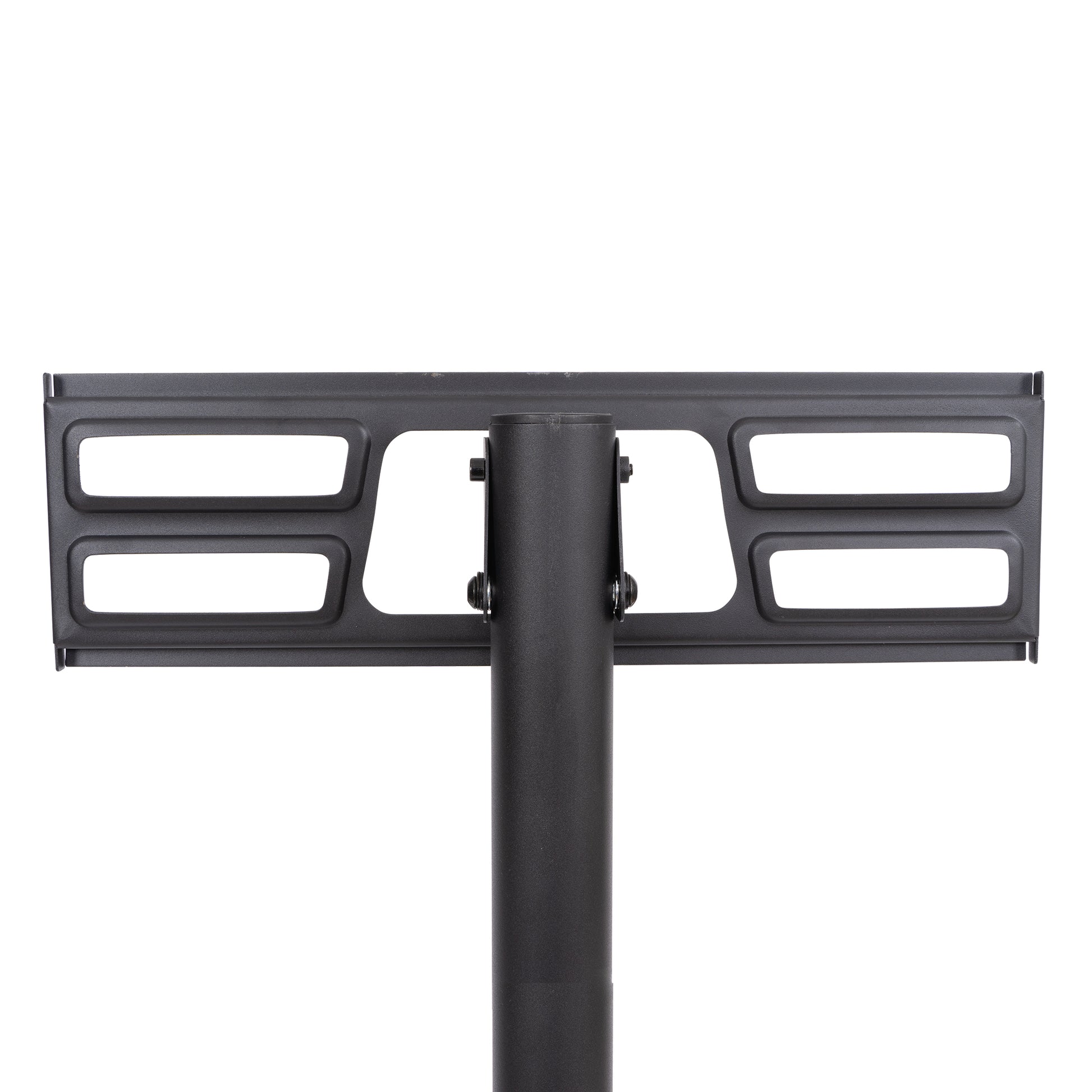 Black metal TV mount bracket with horizontal slots for screen attachment