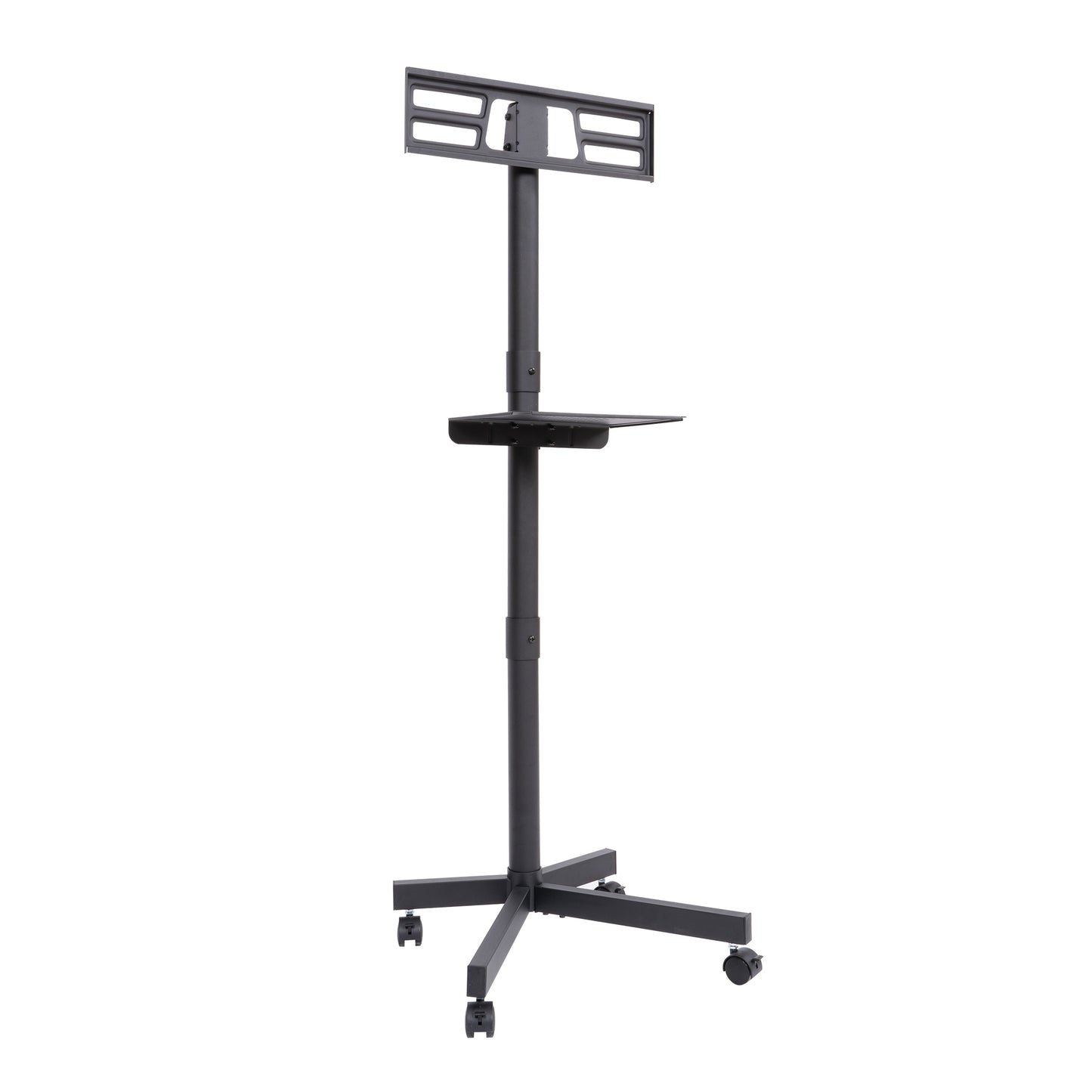 Black adjustable TV cart with wheels and a builtin media shelf