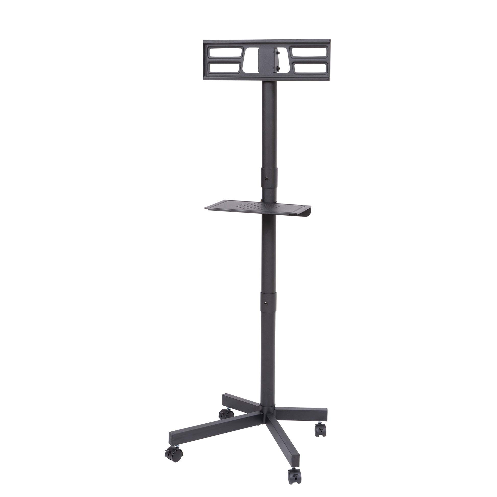Black adjustable rolling TV stand with a media shelf