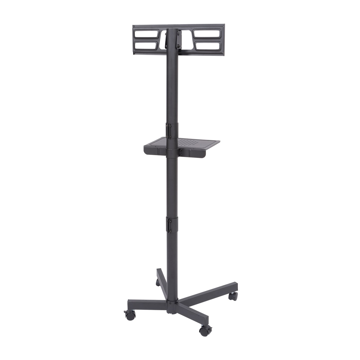 Black rolling TV stand with adjustable height and shelf