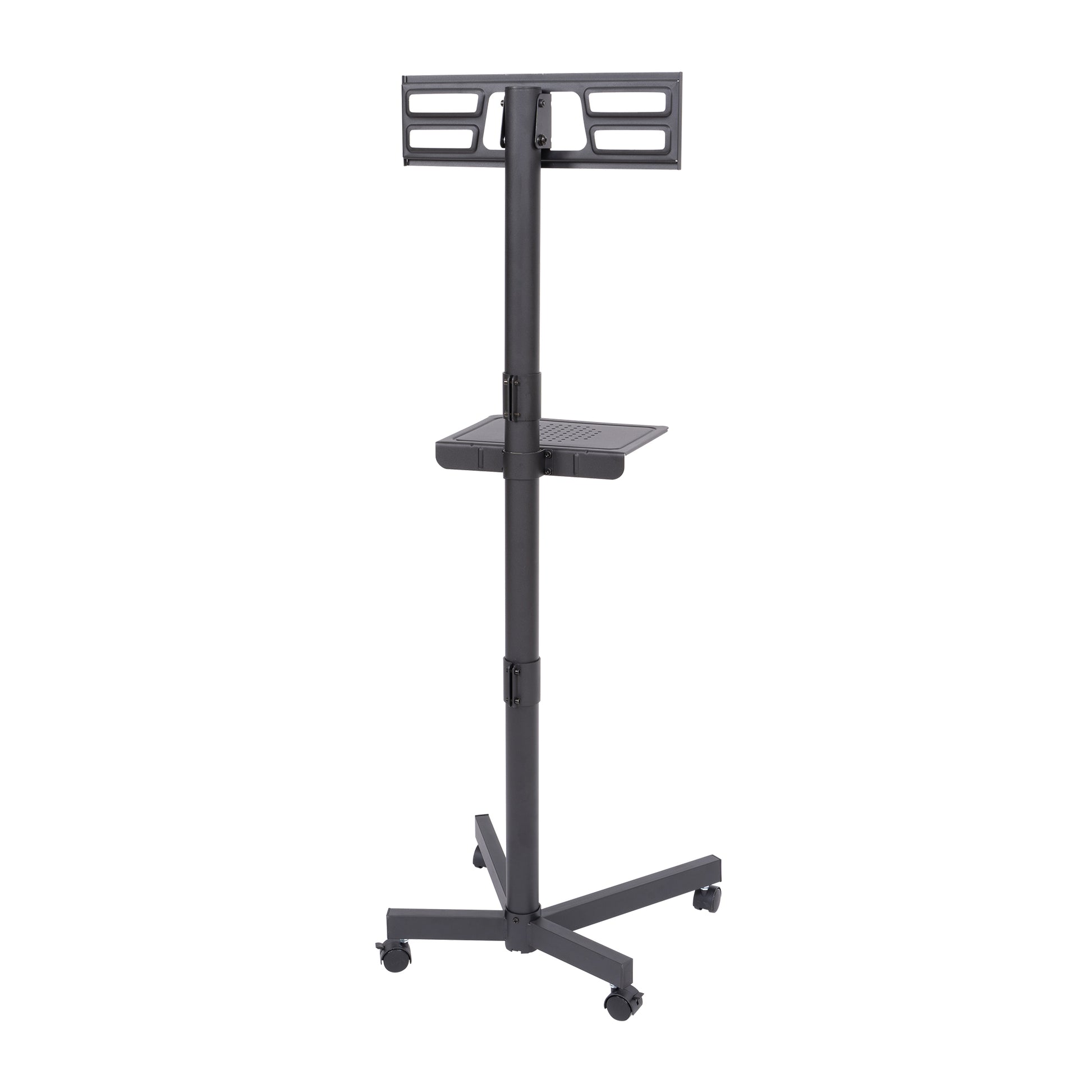 Black rolling TV stand with adjustable height and shelf