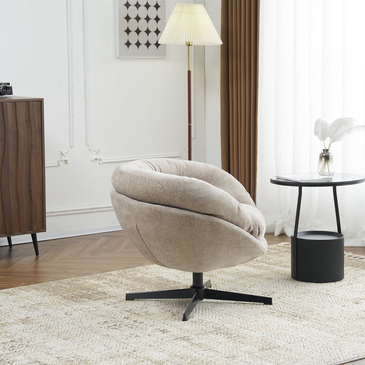 Plush beige swivel accent chair with textured fabric perfect for modern living rooms